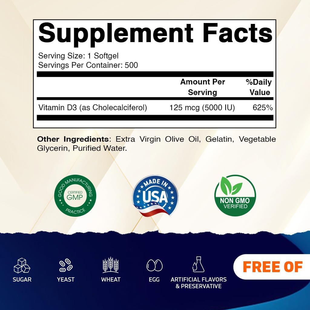 Vitamatic Vitamina D3 5000 IU 125mcg, 500 cápsulas
