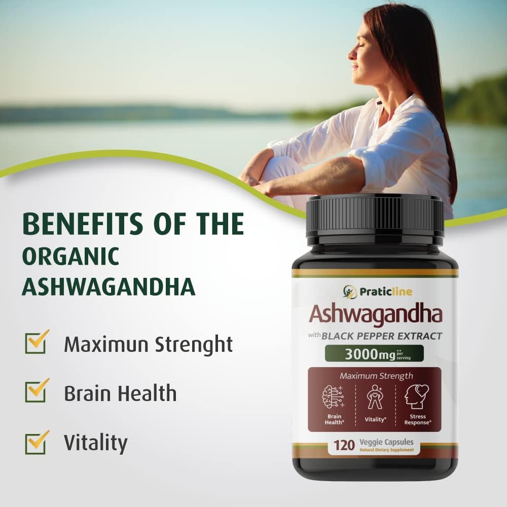 Cápsulas de Ashwagandha 3000 mg - Veganas, Orgánicas, 120 Cap