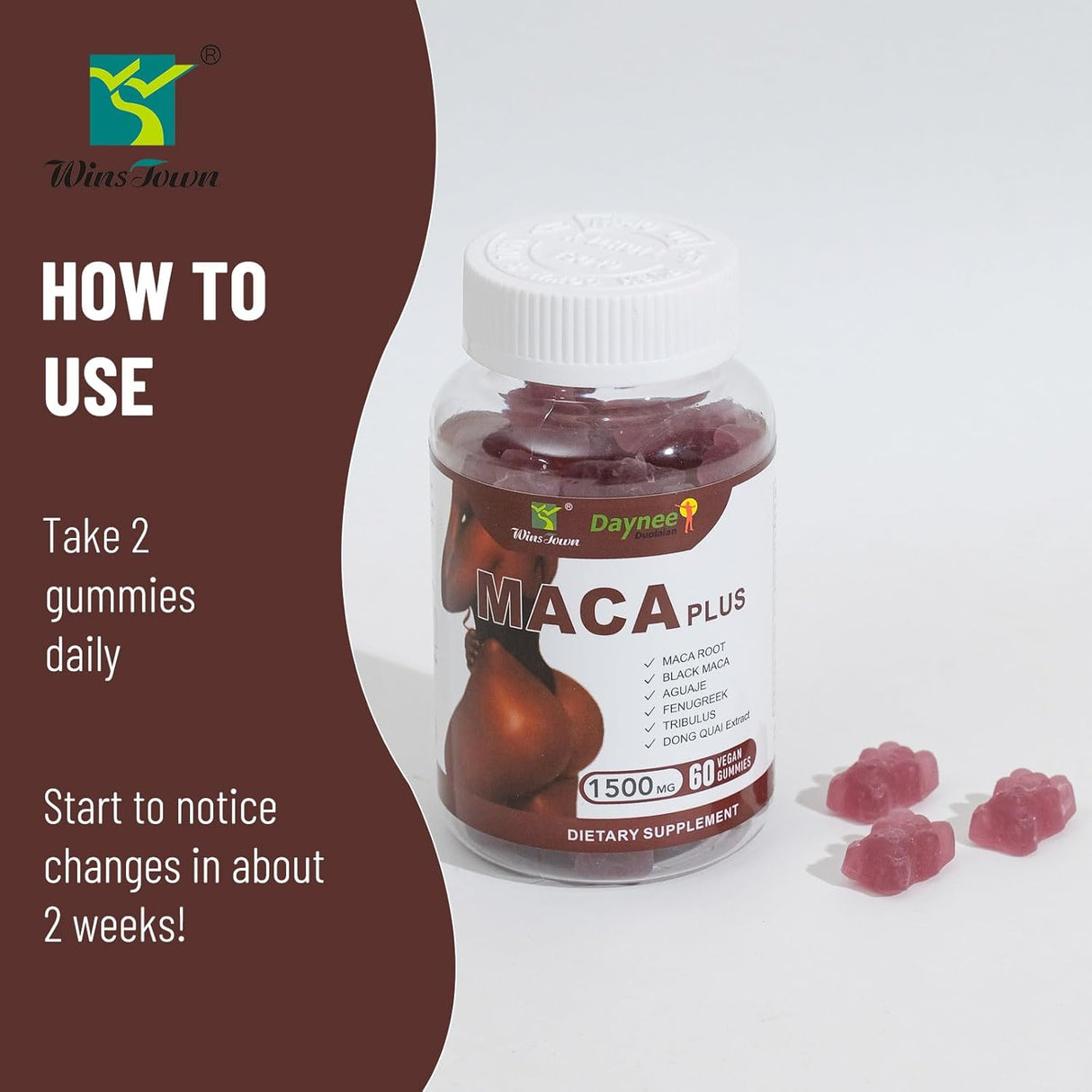 Maca Plus Gummies, 1500mg, Potenciador de glúteos, 60 unidades