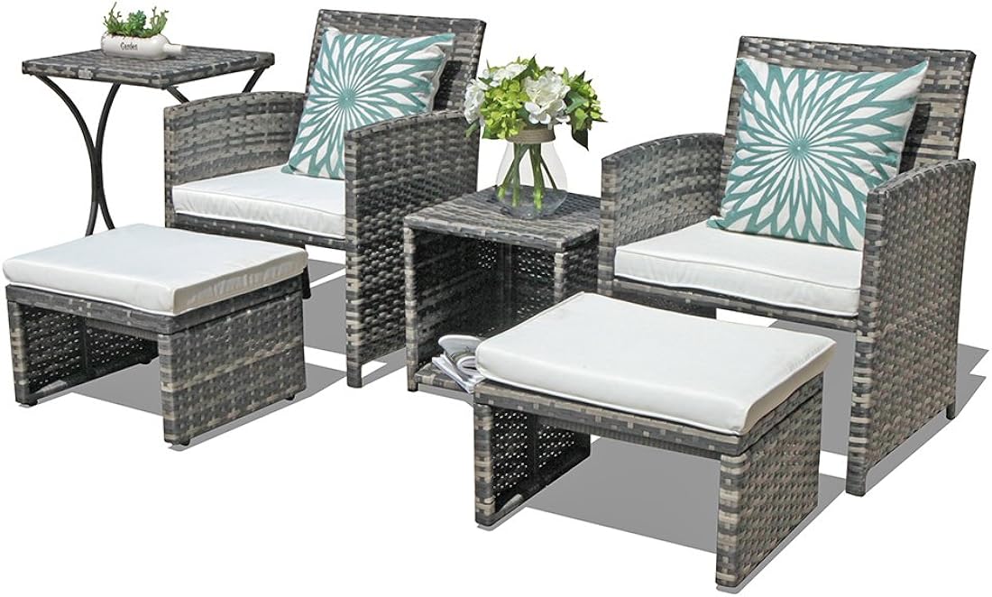 OC Orange-Casual Juego de muebles de patio de 6 piezas con otomana, juego de silla y mesa de mimbre gris para exteriores, muebles de balcón para apartamentos, color blanco