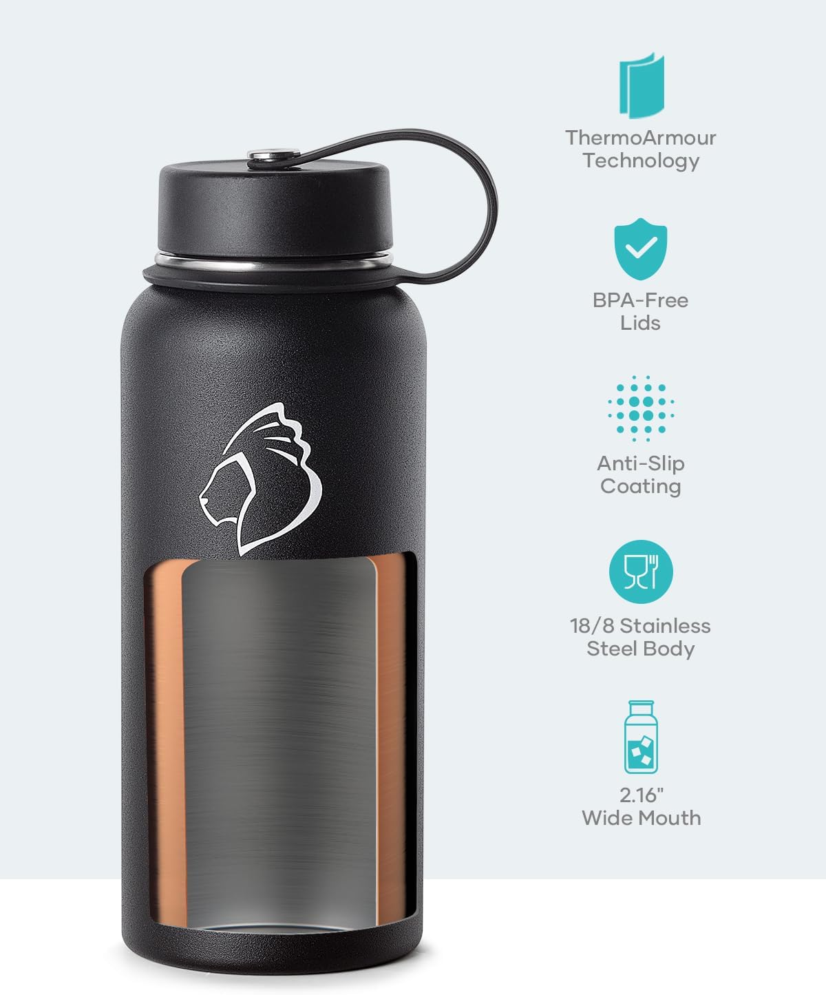 Botella de agua BUZIO 32 oz, acero inoxidable, aislada al vacío