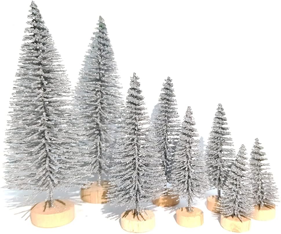 8 Pcs Árboles Navideños Artificiales Miniatura con Base de Madera