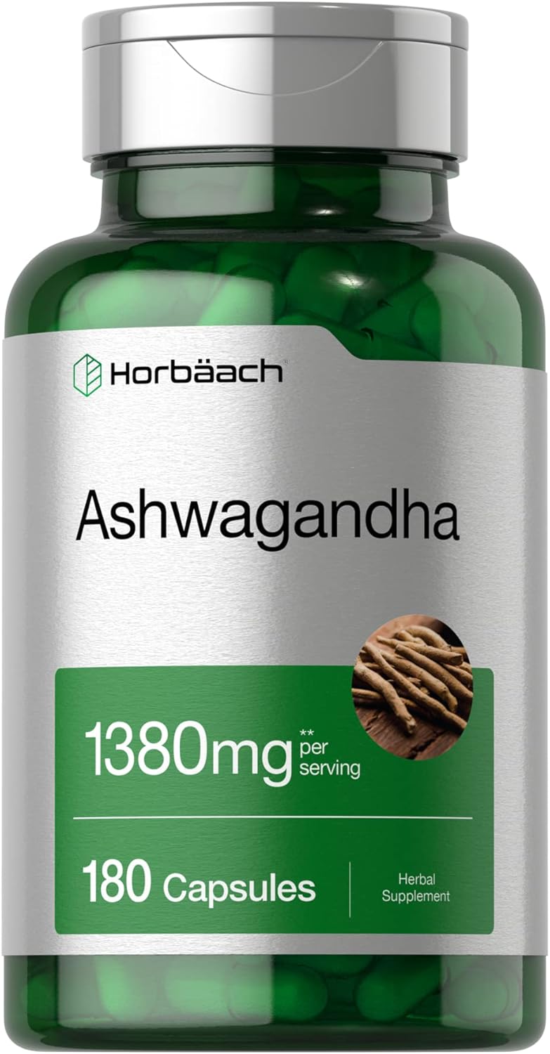 Suplemento de Raíz de Ashwagandha Horbaach 1380mg, 180 Cápsulas