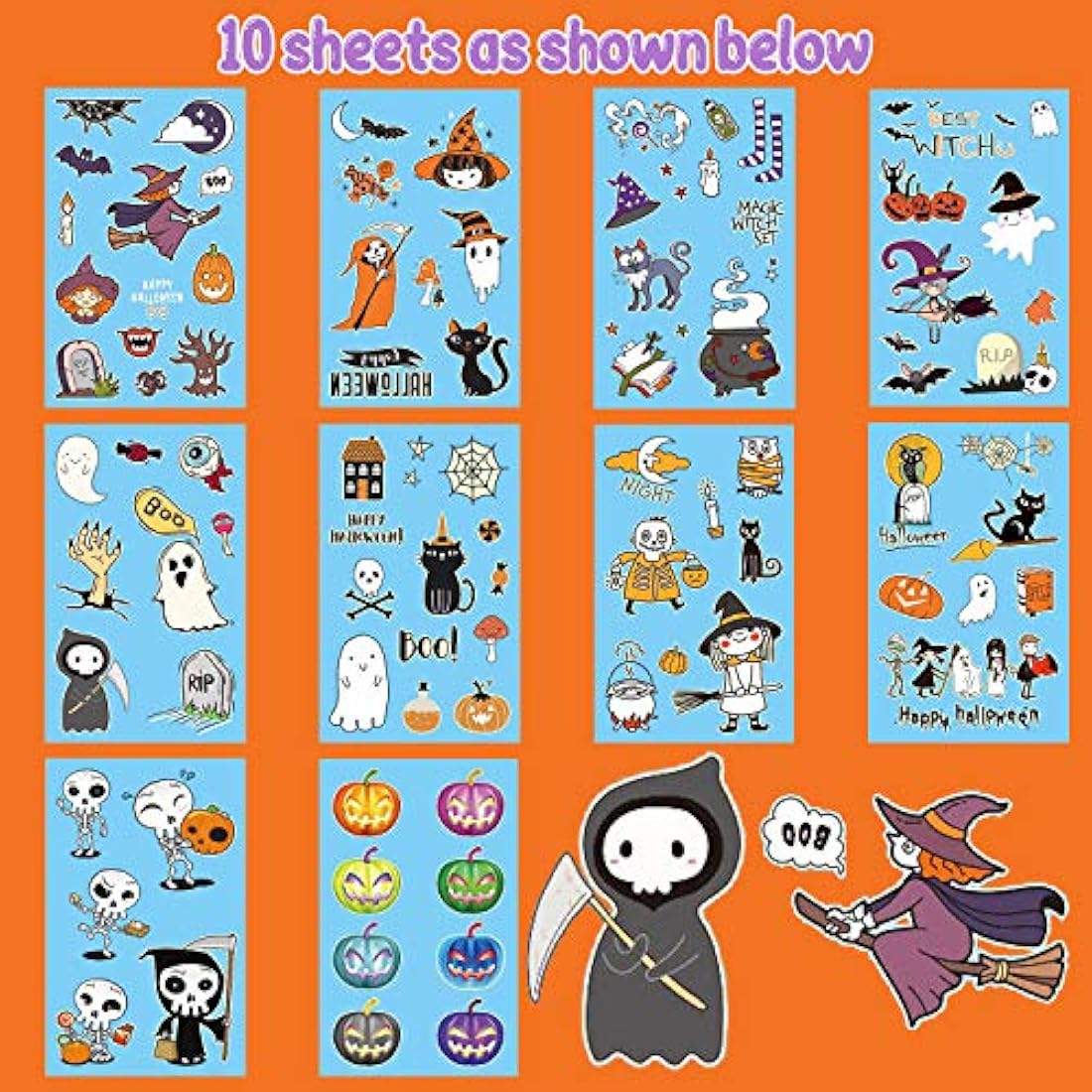 10 hojas luminosas de tatuajes temporales de Halloween