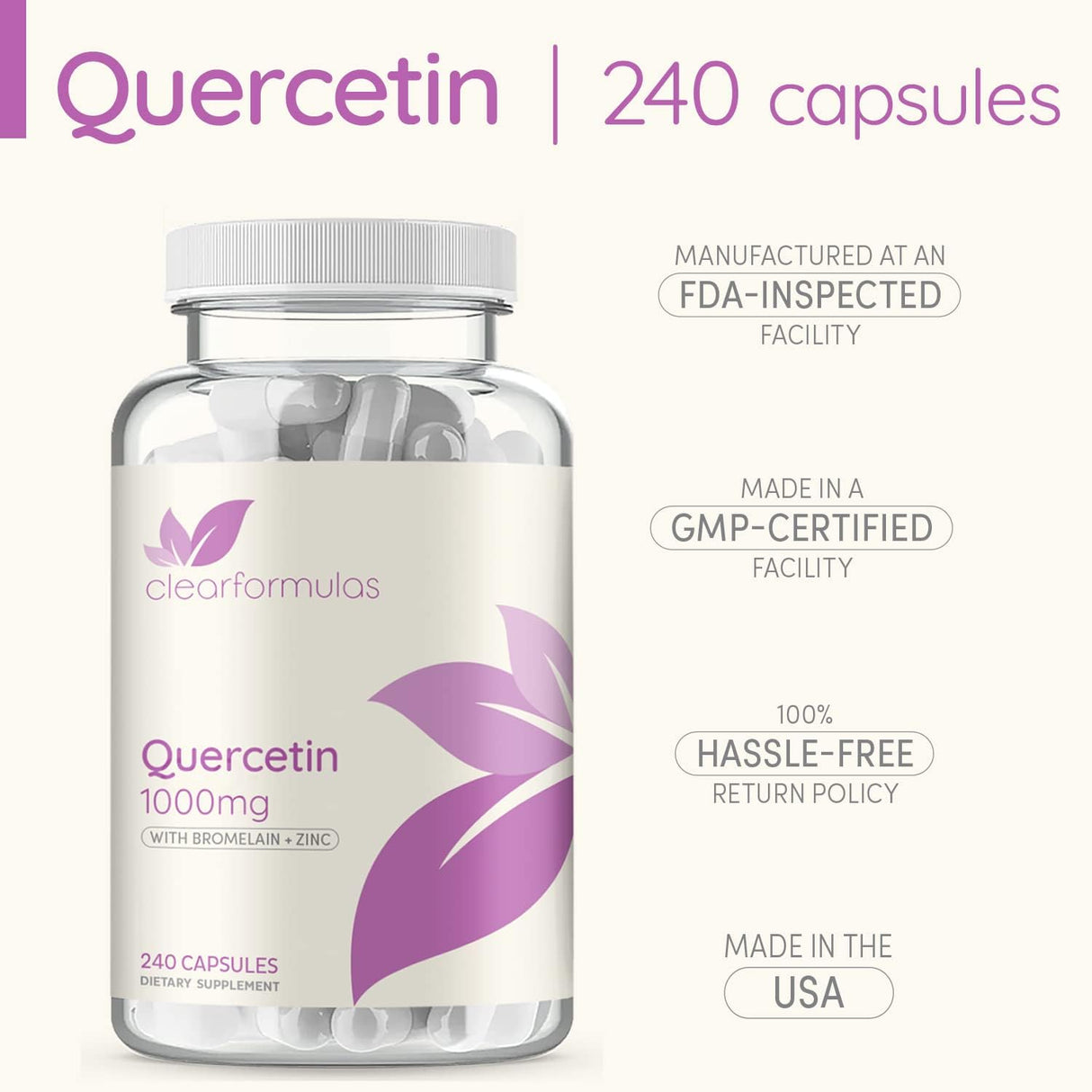 Quercetina 1000mg con Bromelina y Zinc, 240 Cápsulas