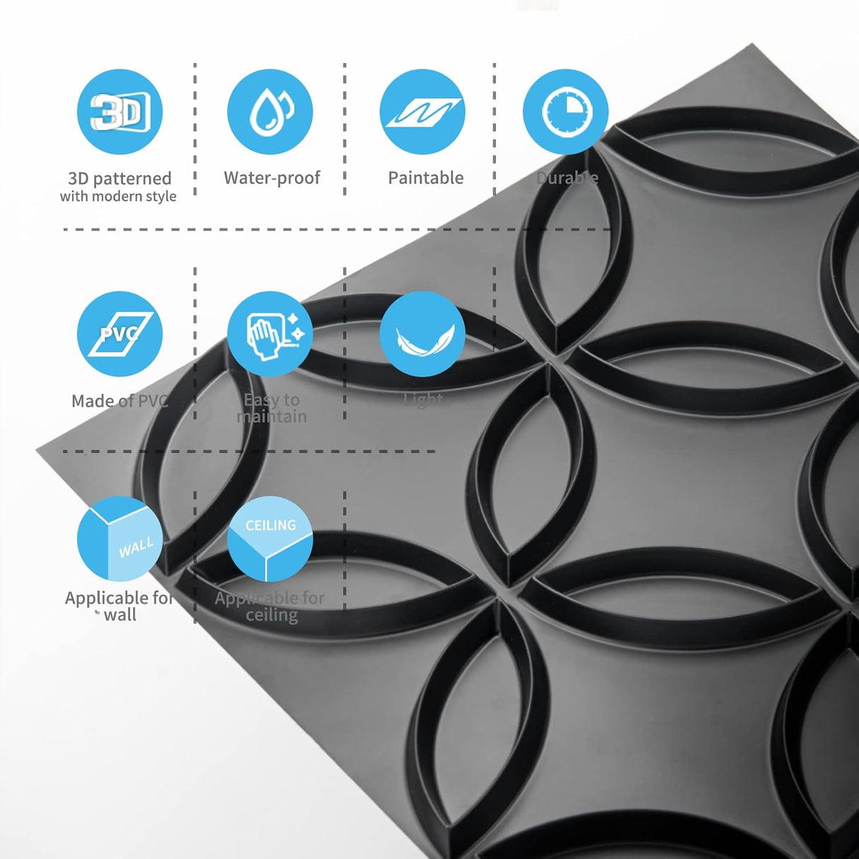 Panel de pared 3D de PVC con círculos entrelazados en negro