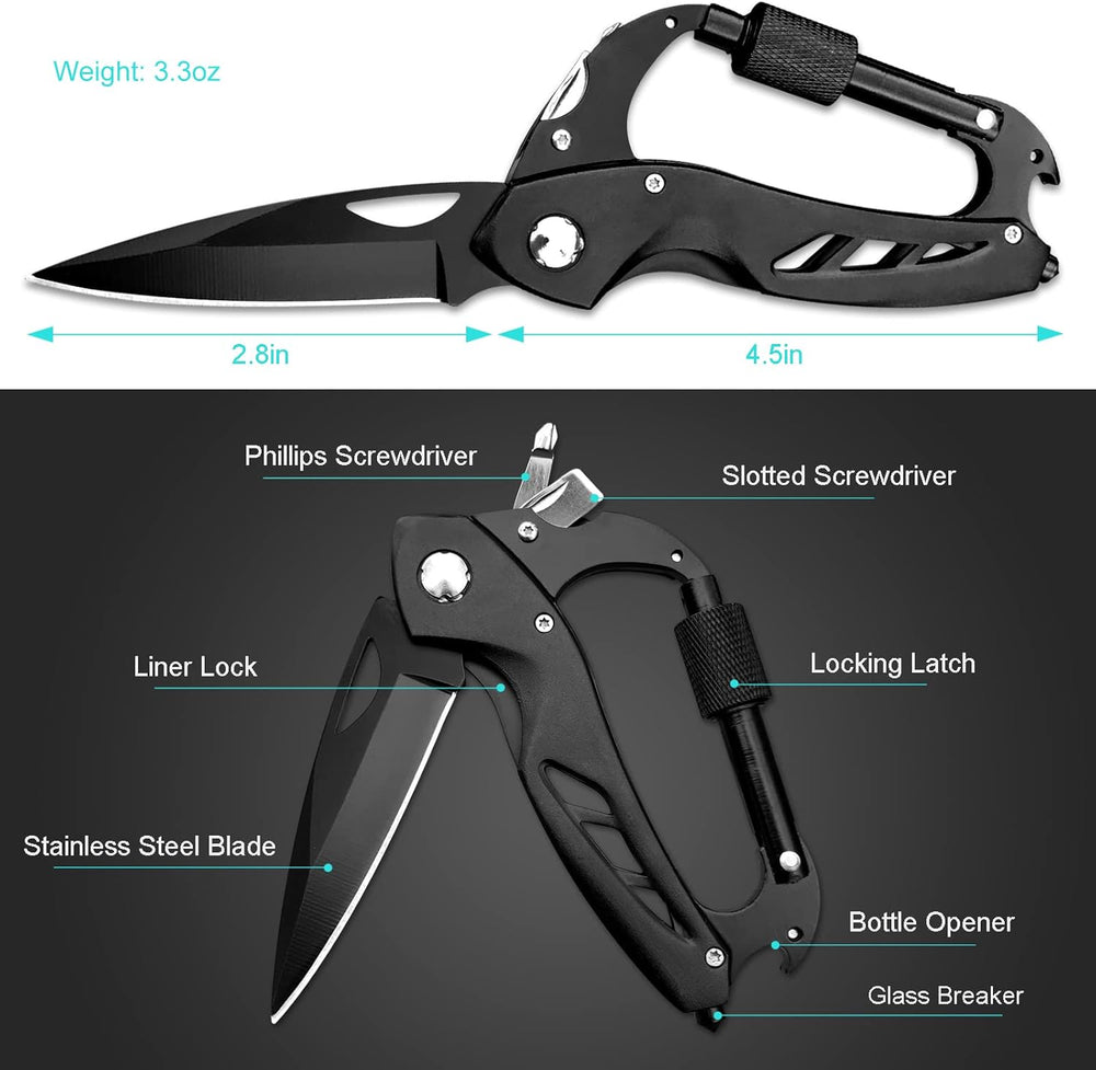 Mosquetón multiherramienta con cuchillo de bolsillo plegable