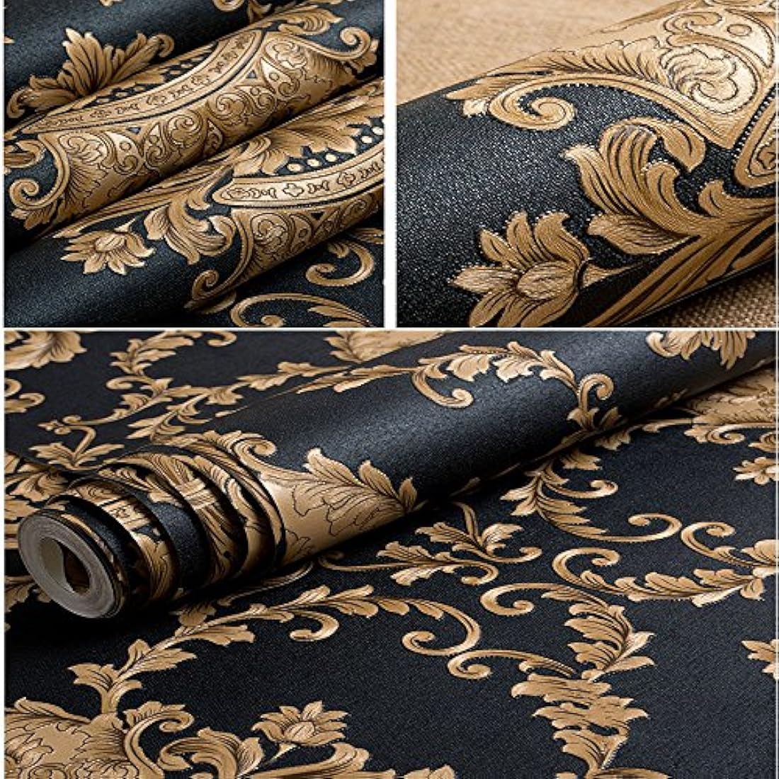Papel vinilo estilo Damasco negro(1.7 ft x 32.8 ft)
