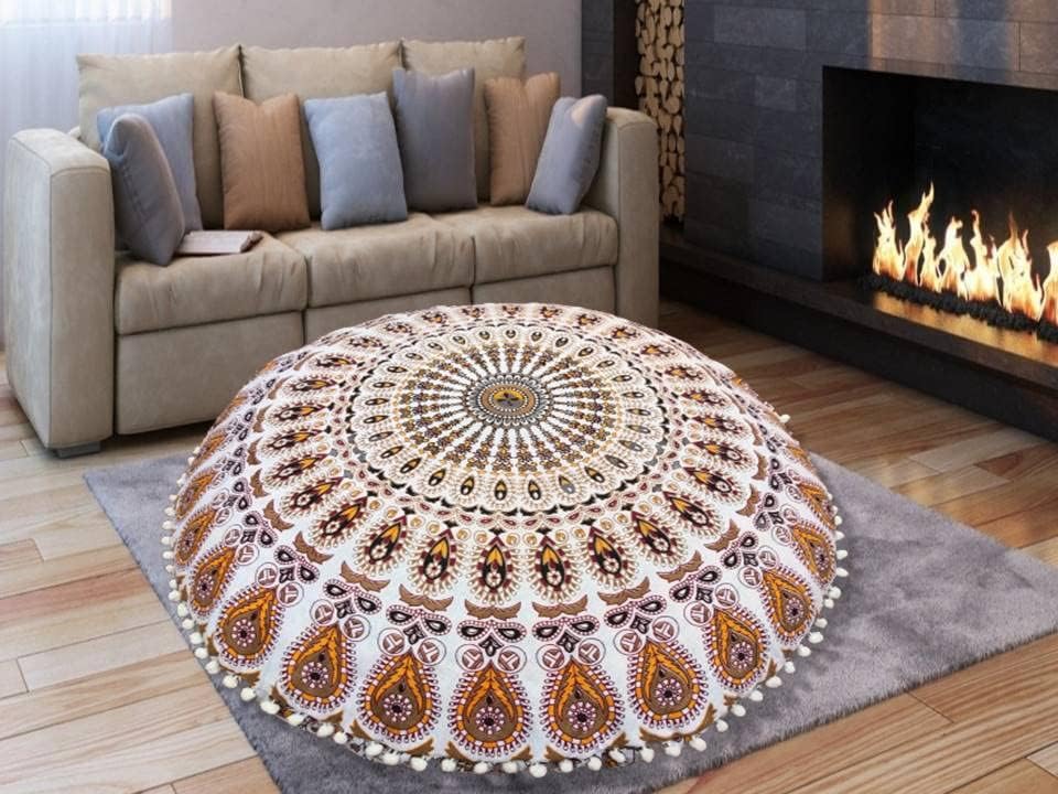 Funda bohemia para cojín, de 32 pulgadas, con diseño de mandala, para meditación, decorativa, otomana, grande, para exteriores, decoración del hogar, decoración de arte en el hogar, redonda, con pompones de algodón, cómoda