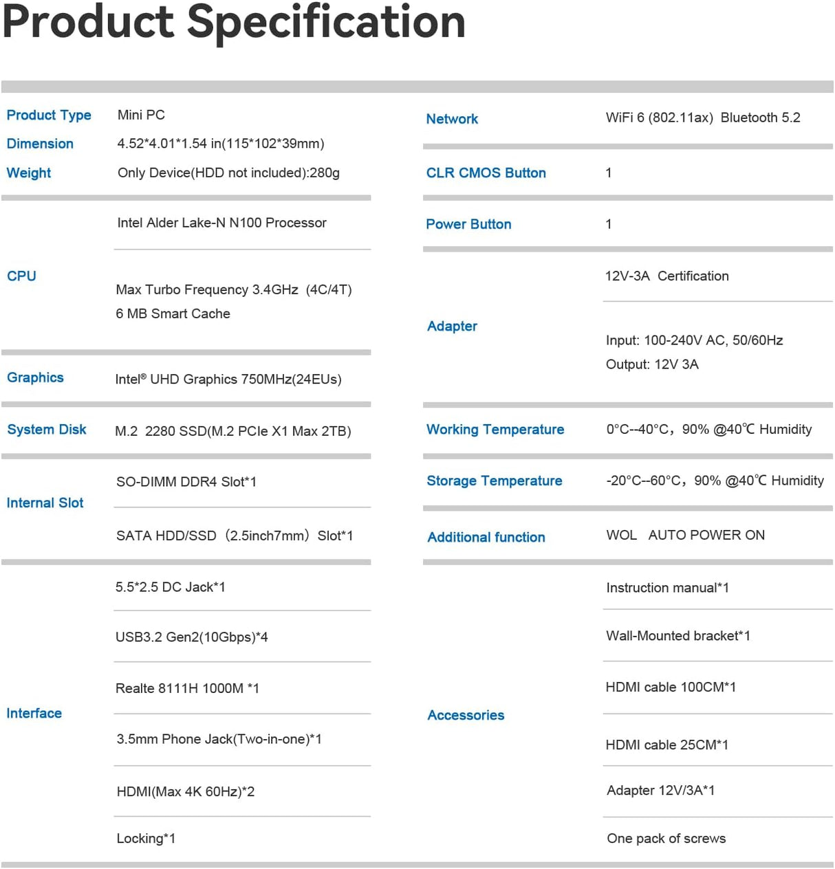 Mini S12 Pro WiFi6 BT5.2 USB3.2 LAN baja potencia