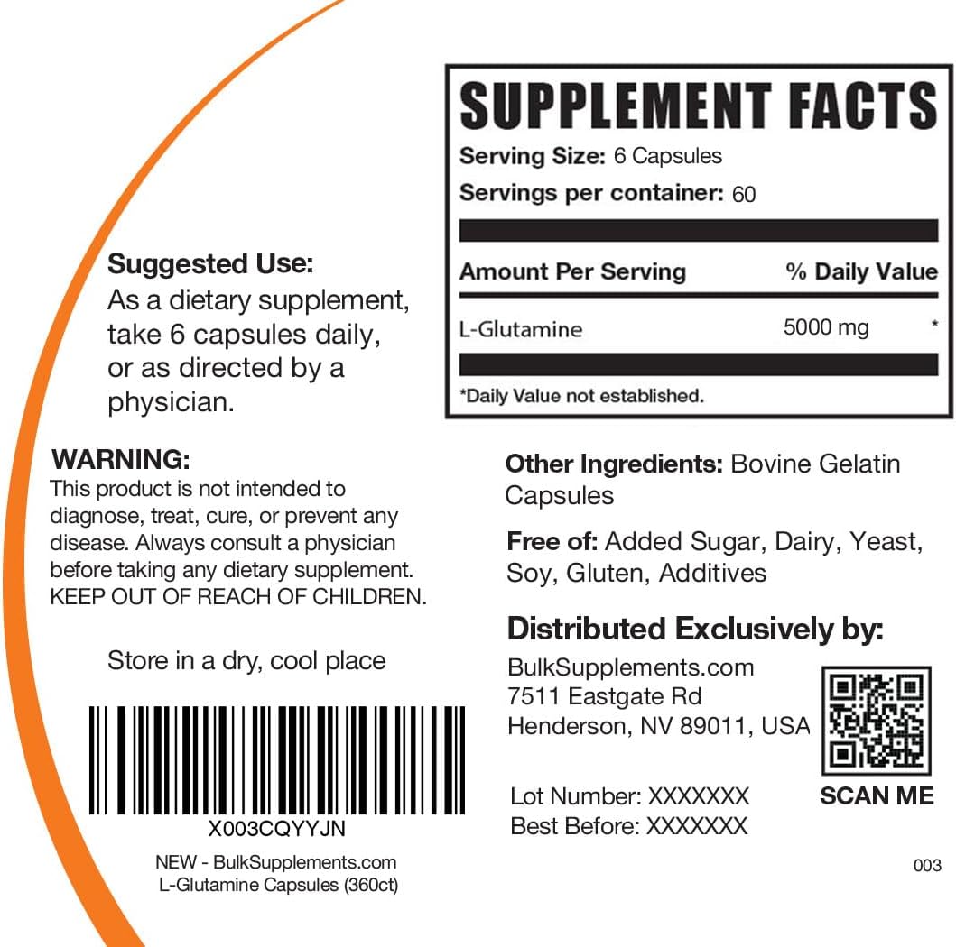 Suplemento de Glutamina en Cápsulas BulkSupplements, 5000mg, 360 unidades