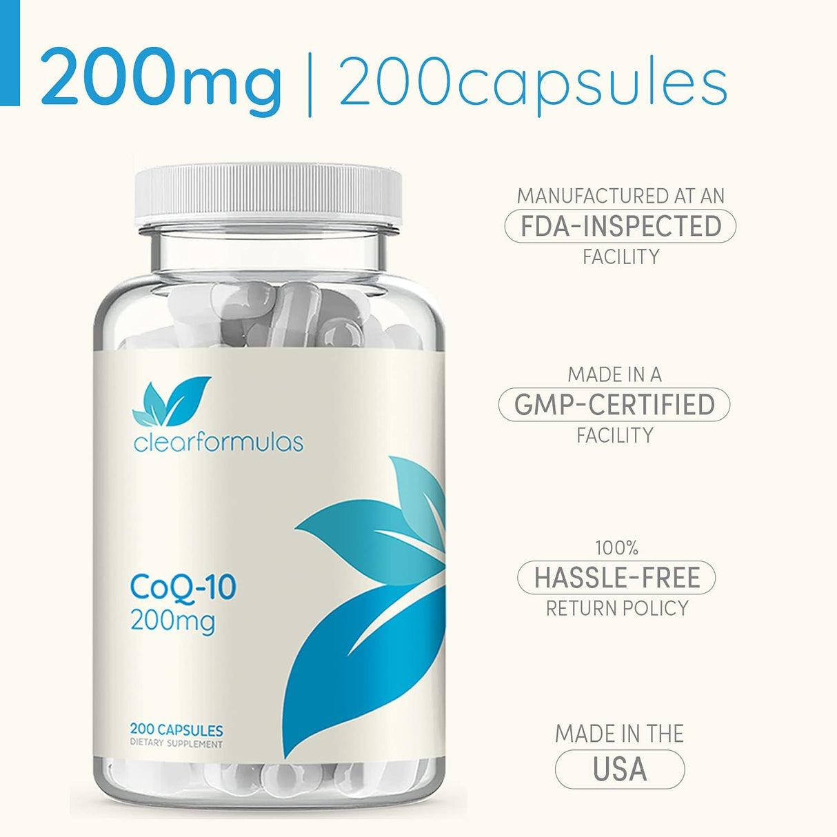 CoQ10 Puro 200 mg Absorción Rápida Sin OMG 200 Cápsulas