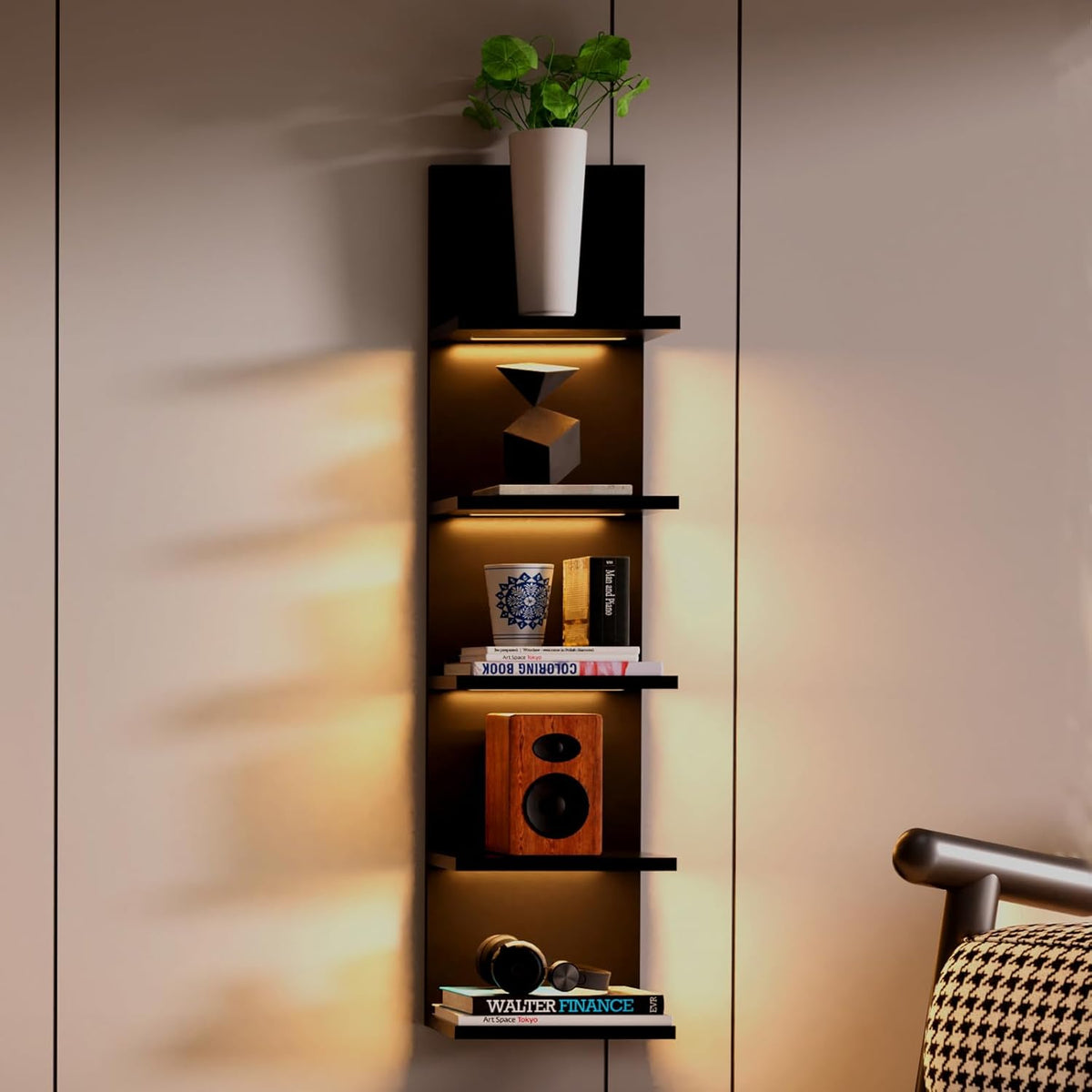 Estante Flotante de 5 Niveles con Luz LED, Diseño Vertical
