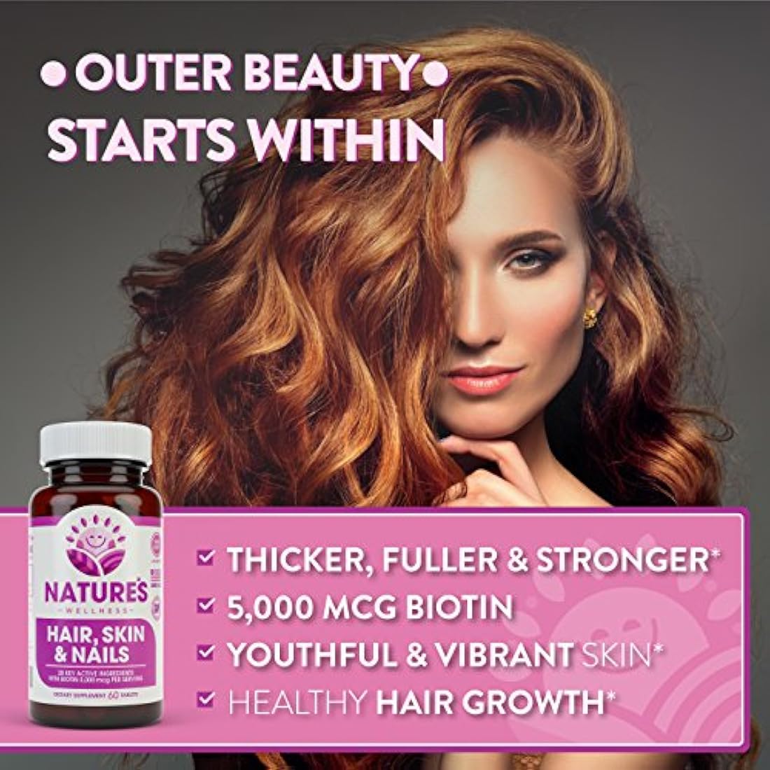 Complemento para el cabello, la piel y las uñas, 5000 mcg de biotina, sílice, vitamina C, E, B, vitaminas esenciales naturales, y complejo nutricional avanzado para el cabello fino, hombres y mujeres, por Nature's Wellness de 60 tabletas