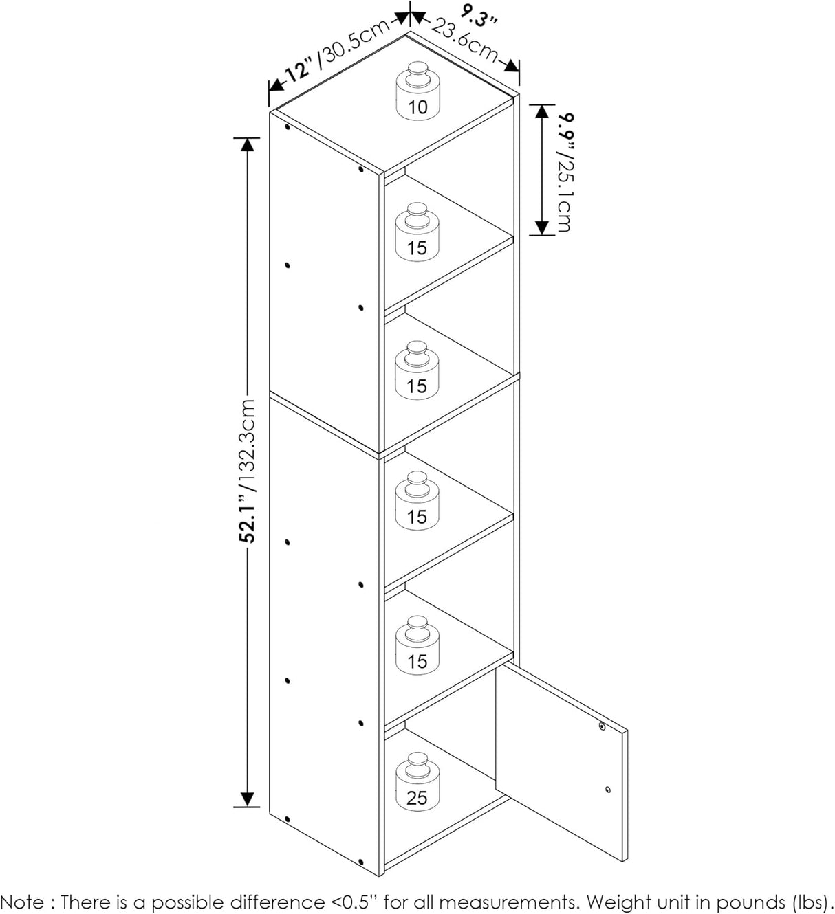 Estantería con armario de almacenamiento, 5 cubos, 1 puerta