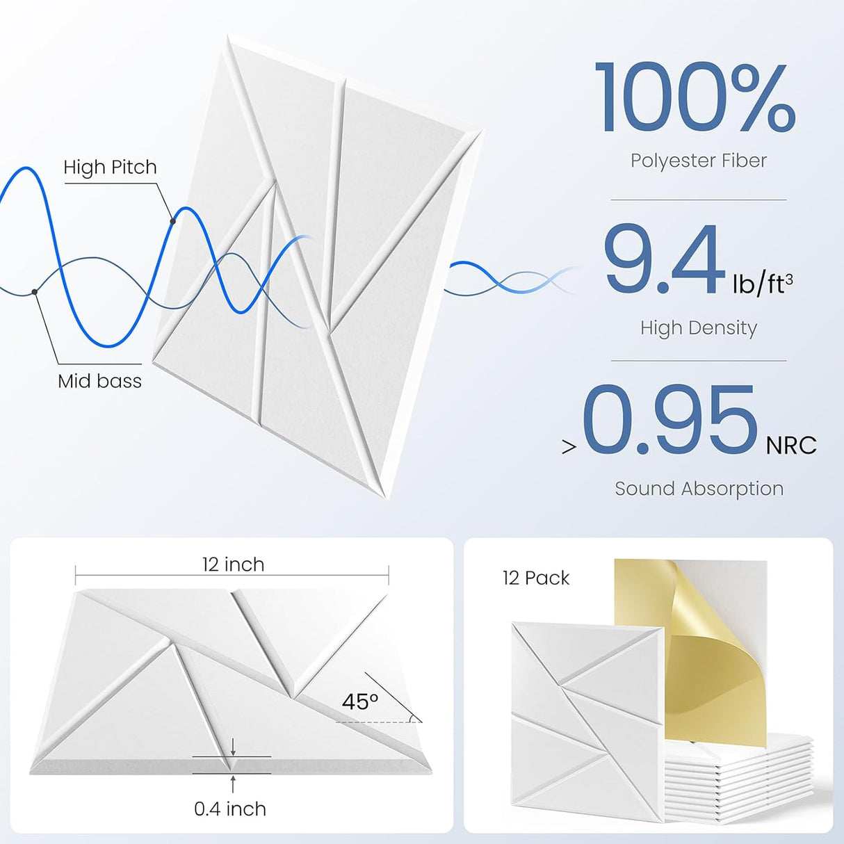 Paneles acústicos autoadhesivos 12x12x0.4 - 12 Pack