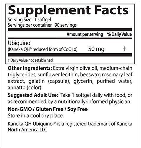 Ubiquinol con Kaneka QH, sin OGM, sin gluten, sin soja,