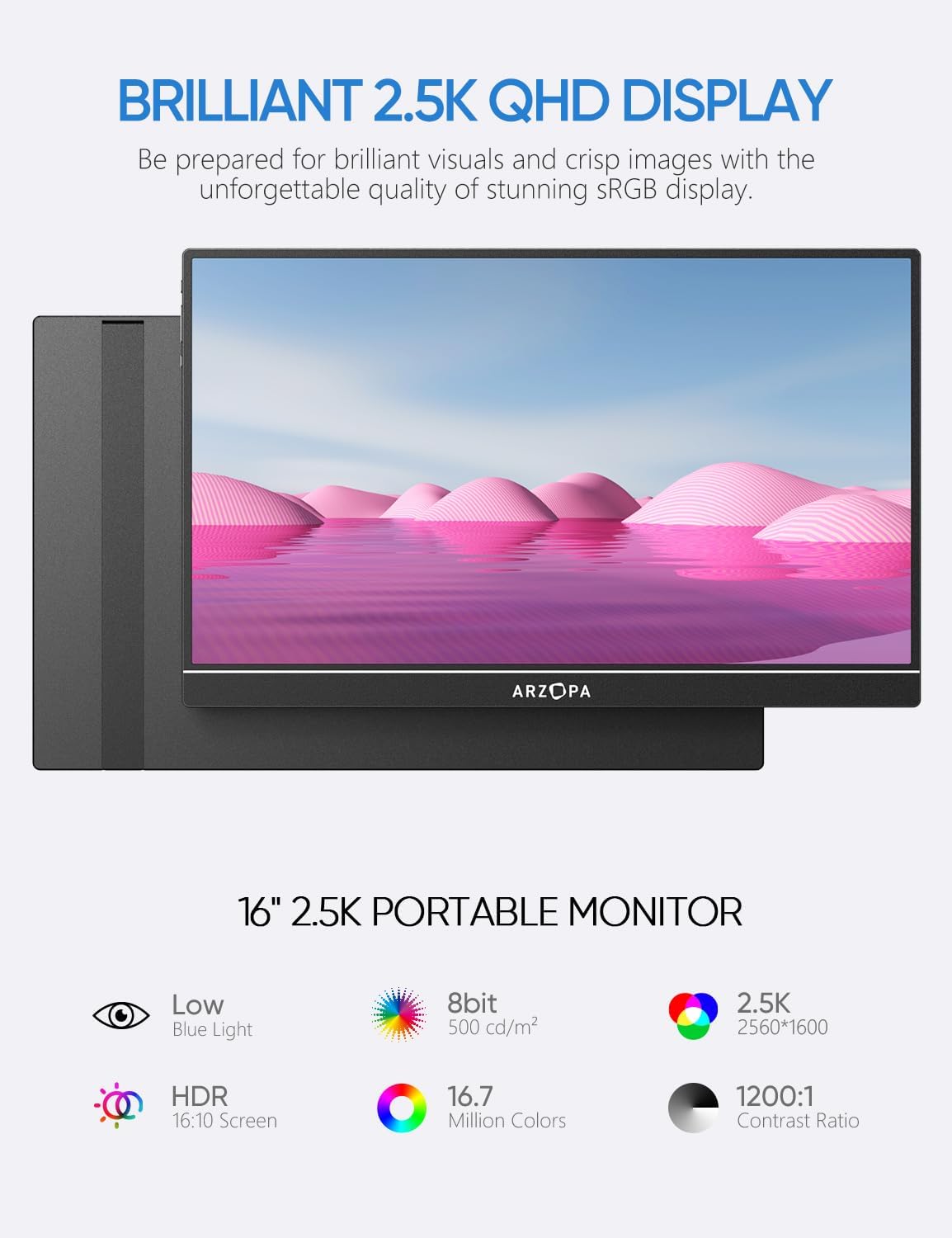 Monitor portátil ARZOPA 16 2.5K QHD, USB-C, HDMI - Z1RC