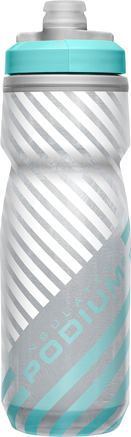 CamelBak Podium Chill Botella de agua aislada para bicicleta, botella fácil de apretar, se adapta a la mayoría de jaulas de bicicleta, 21 onzas, rayas gris/verde azulado
