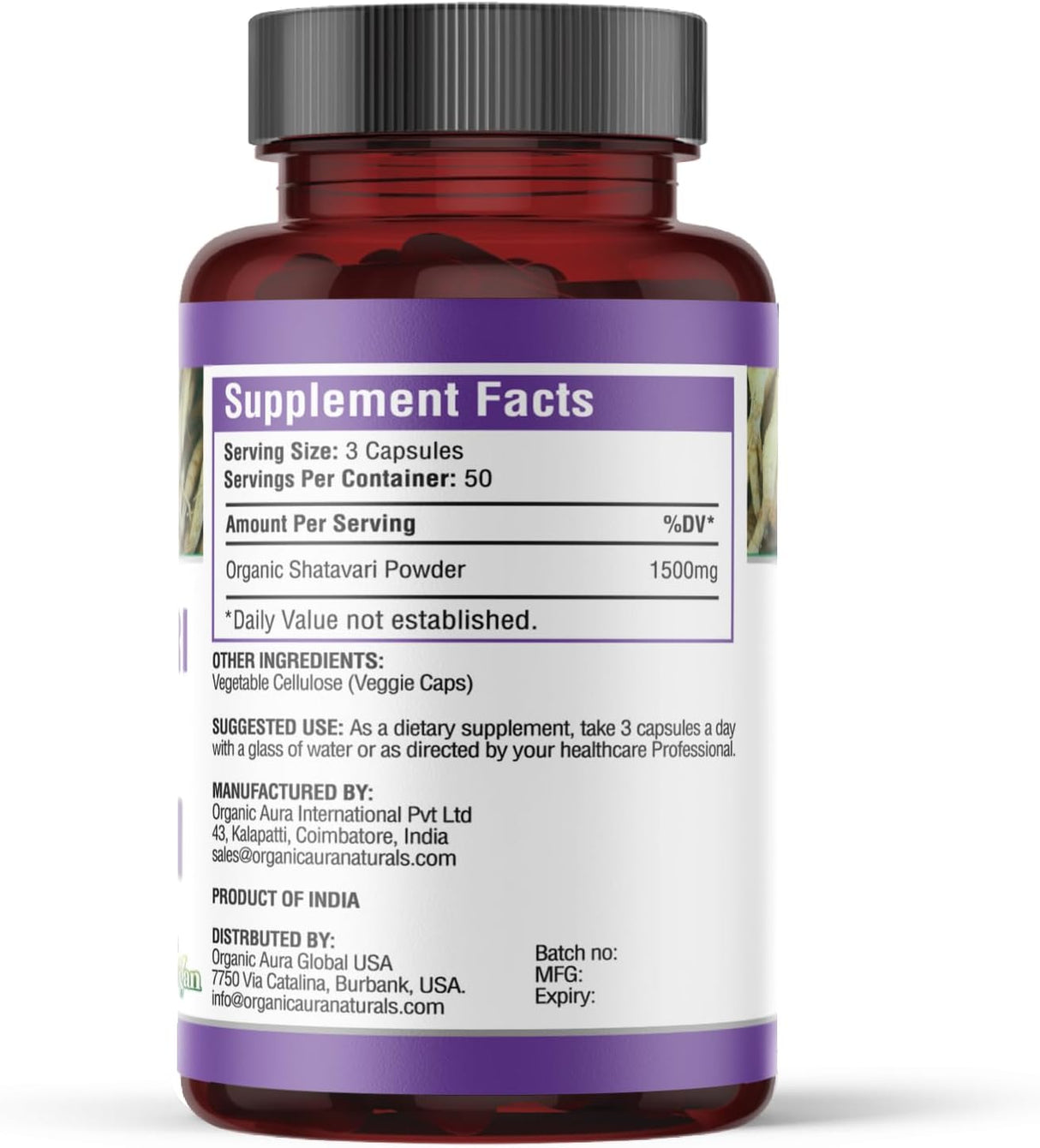 Suplemento Cápsulas Shatavari. 120 cápsulas vegetales HPMC