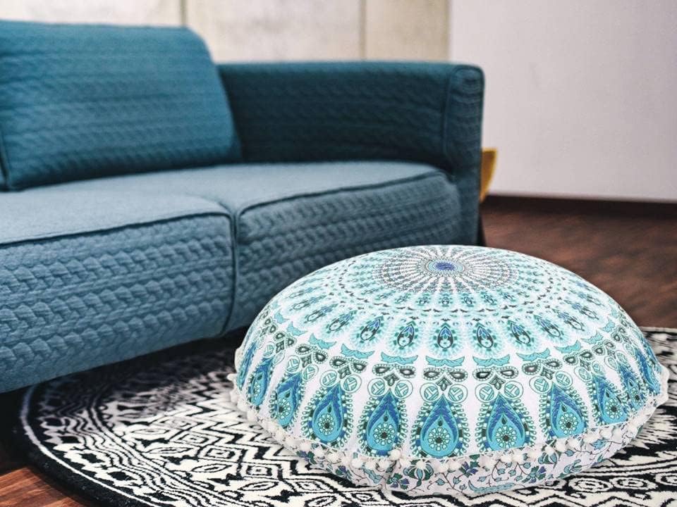 Funda bohemia para cojín, de 32 pulgadas, con diseño de mandala, para meditación, decorativa, otomana, grande, para exteriores, decoración del hogar, decoración de arte en el hogar, redonda, con pompones de algodón, cómoda