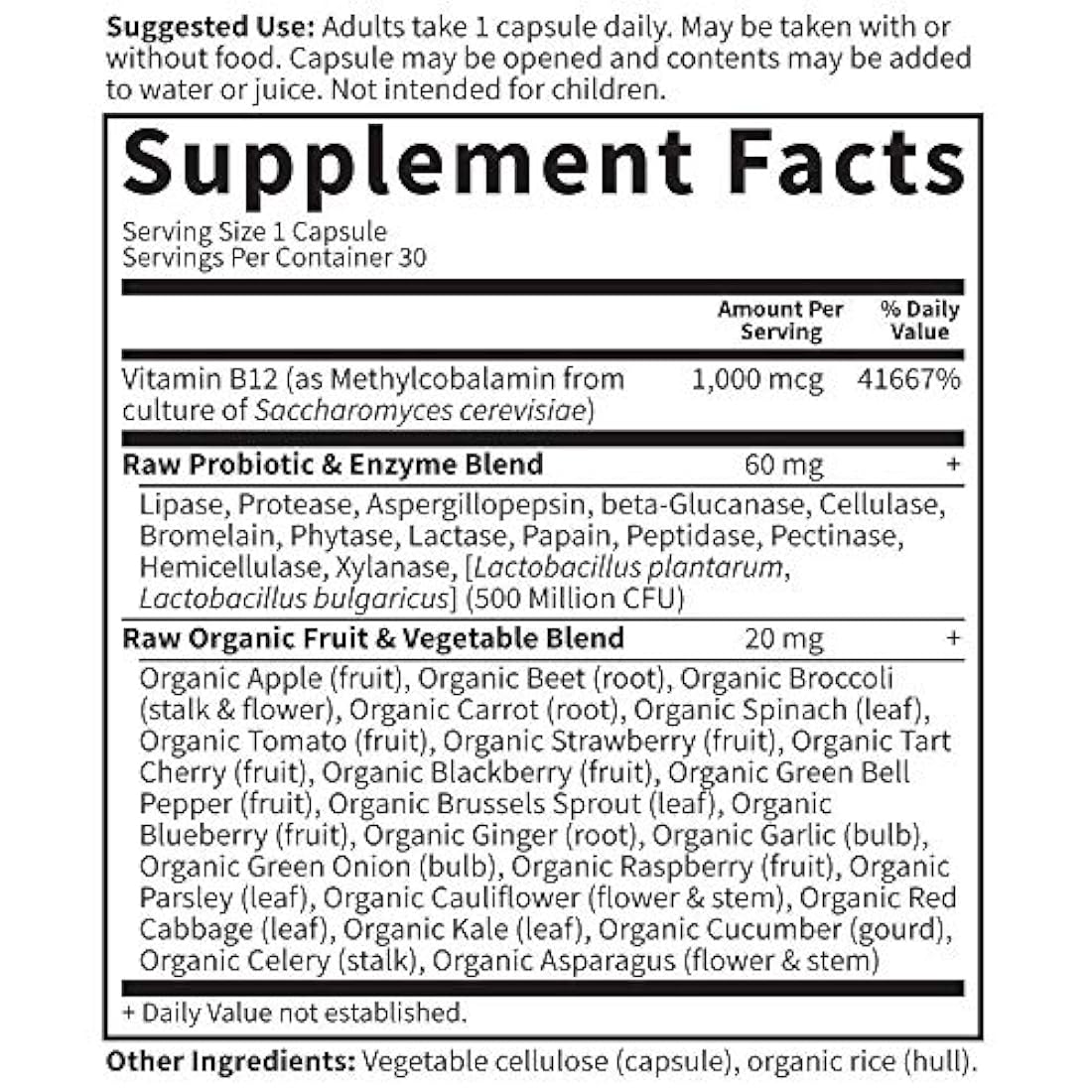 Suplemento de 30 cápsulas veganas para todas las comidas. Garden of Life. Vitamine Code B12 cruda de 0.000035 oz.