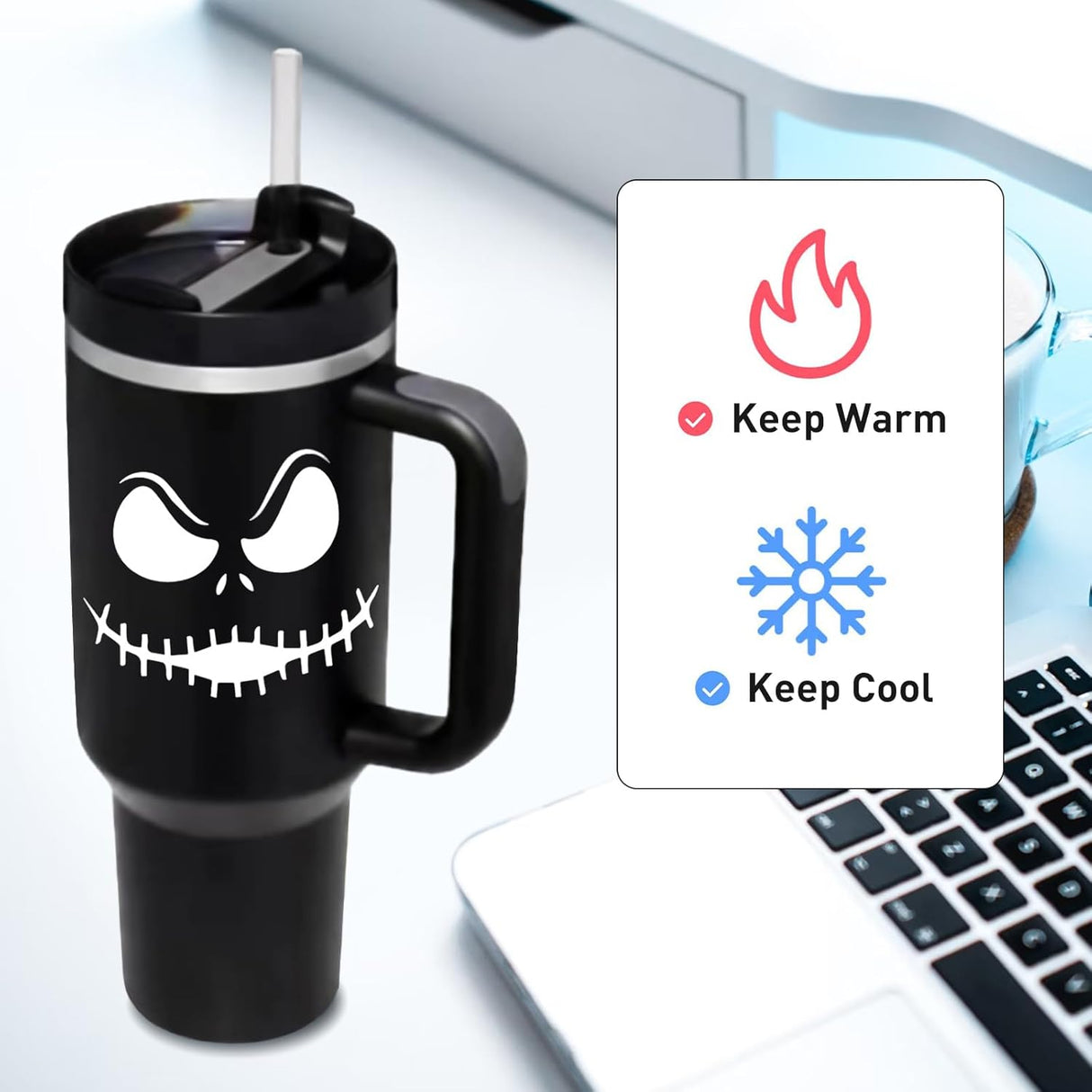 Taza de Acero Inoxidable Jack Skellington 40OZ con Asa y Popote