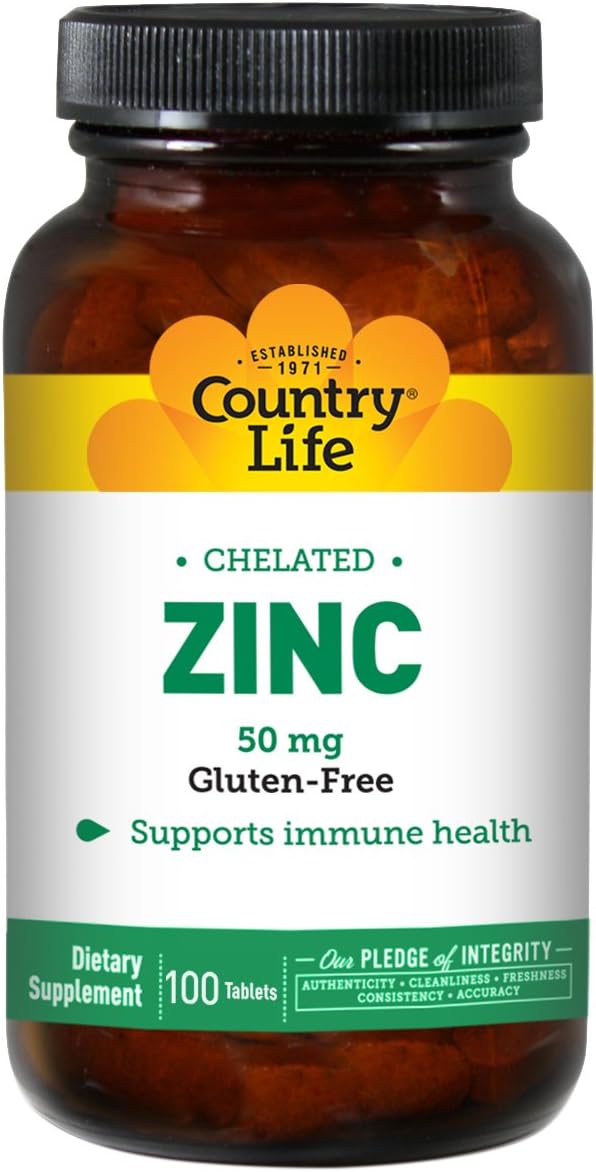 Country Life Zinc Quelado 50 mg - Vegano, Sin Gluten, 100 Comprimidos