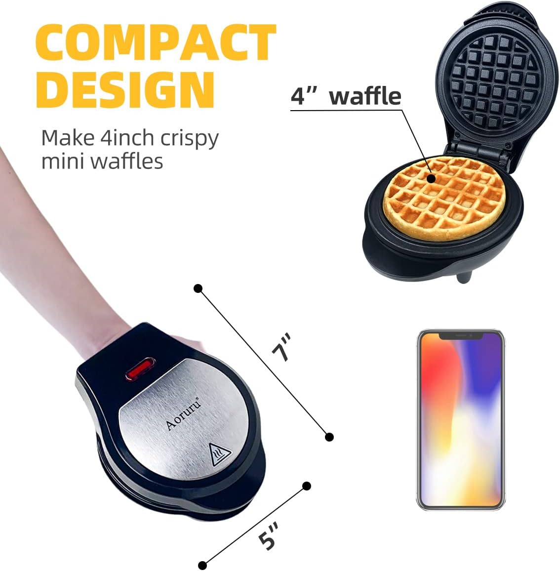 Mini Waffle Maker Eléctrico 600W, Antiadherente, Para Niños