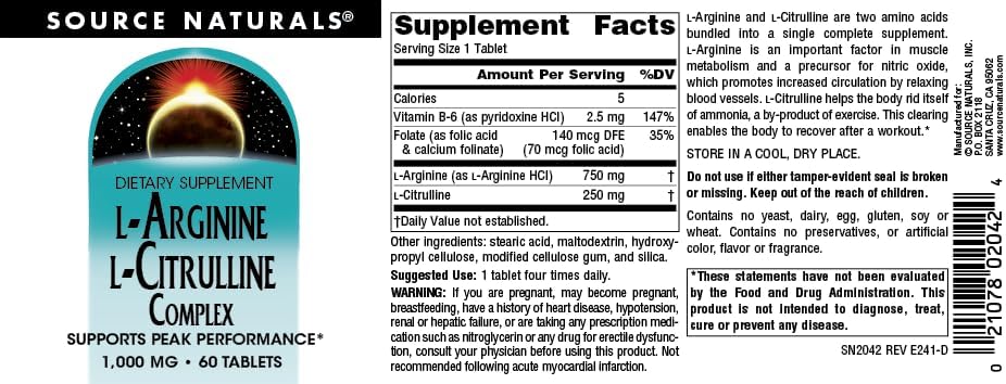 Suplemento Aminoácido L-Arginina L-Citrulina 1000mg - Source Naturals