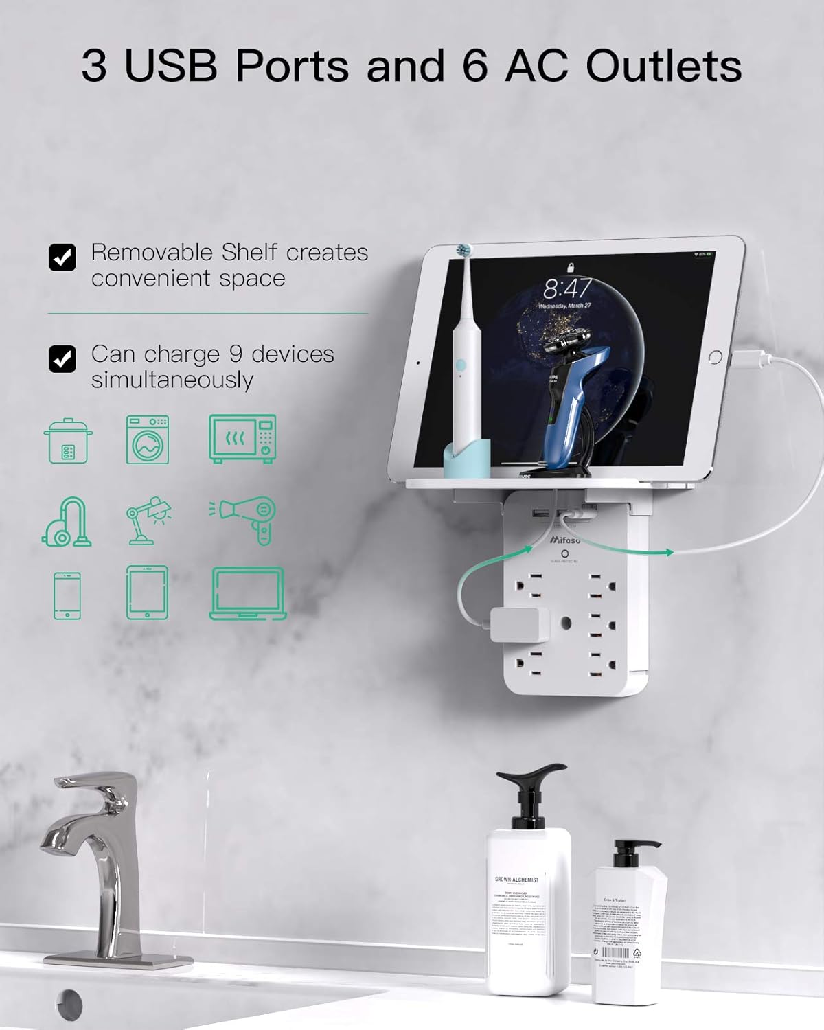 Extensor de toma de corriente de pared con protector de sobretensión, 6 salidas de CA, estante, 2 puertos de carga USB y USB C, expansor de enchufe para el hogar y el dormitorio