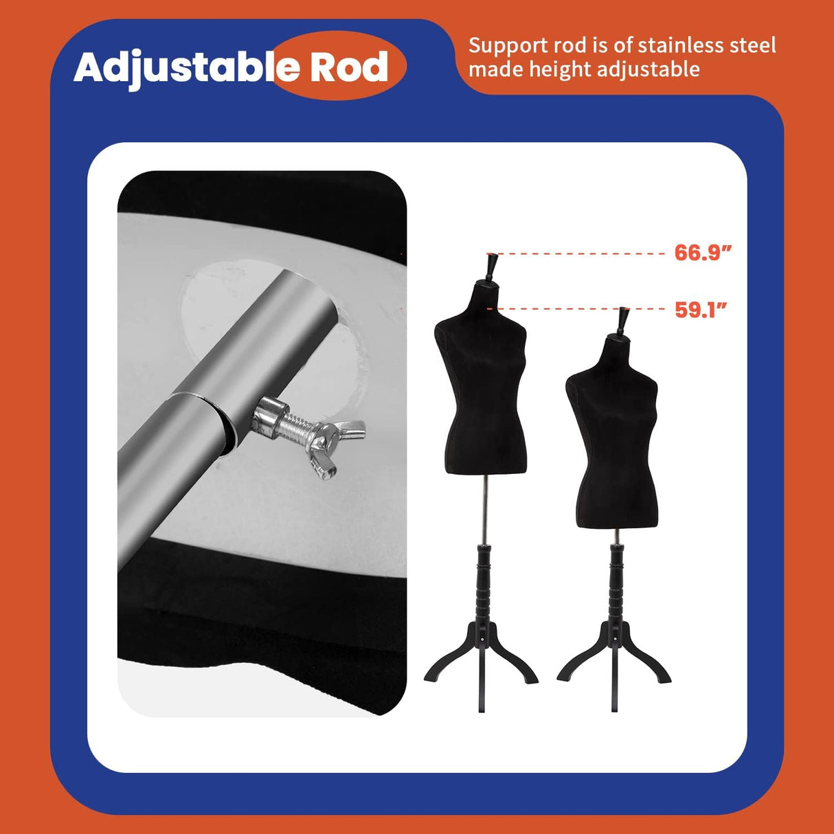 Maniquí Femenino Ajustable 53-67 con Base de Madera