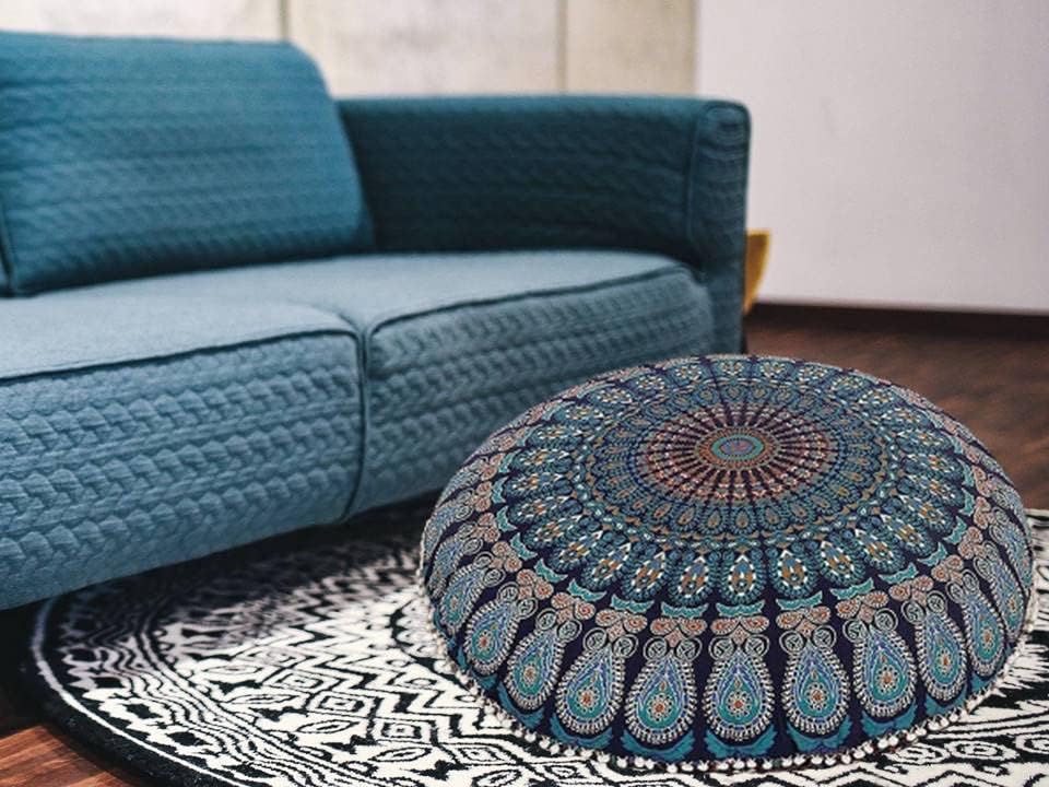Funda bohemia para cojín, de 32 pulgadas, con diseño de mandala, para meditación, decorativa, otomana, grande, para exteriores, decoración del hogar, decoración de arte en el hogar, redonda, con pompones de algodón, cómoda