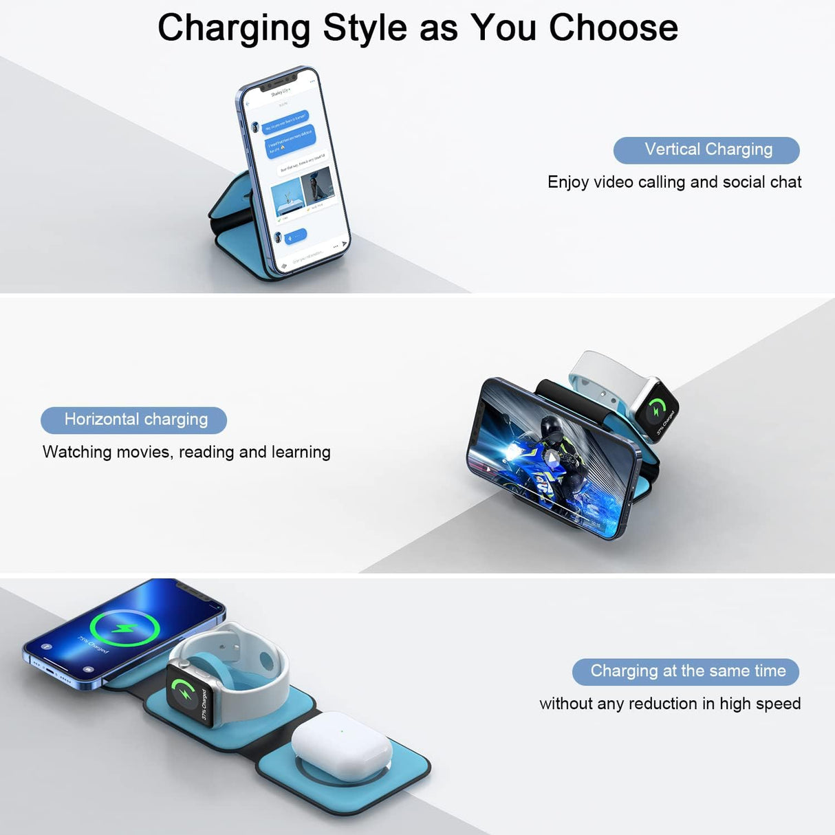 Cargador inalámbrico 3 en 1 magnética de viaje color azul