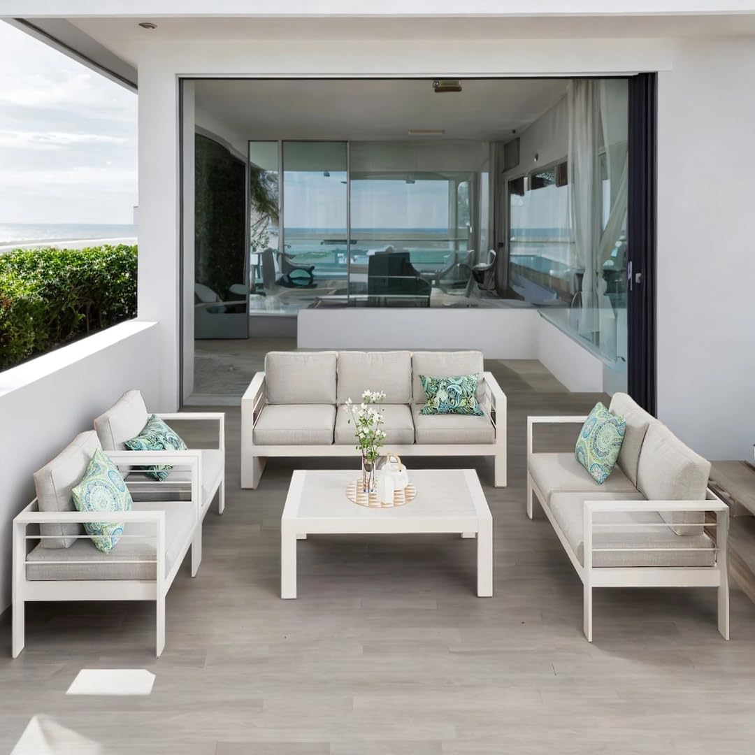 Solaste Juego de muebles de aluminio para patio, 5 piezas, moderno juego de conversación al aire libre, sofá seccional con cojín mejorado y mesa auxiliar, color blanco
