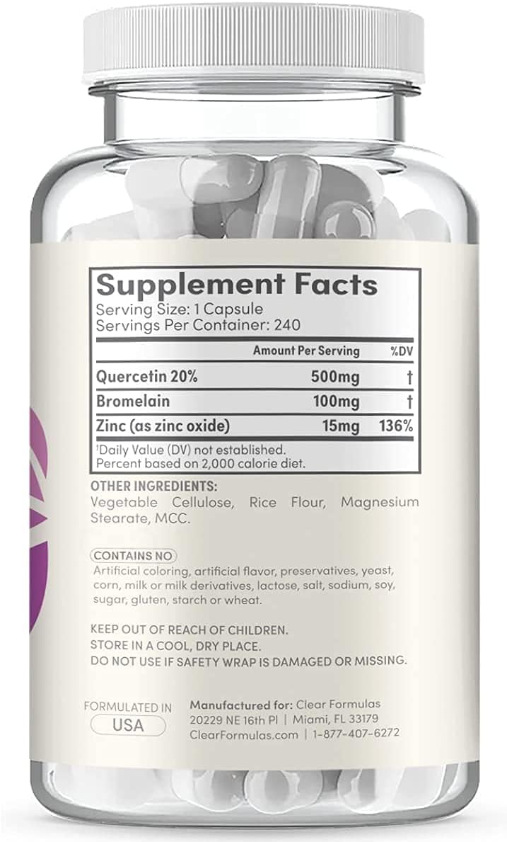 Suplemento de Quercetina 500mg con Bromelina y Zinc, 240 Cápsulas