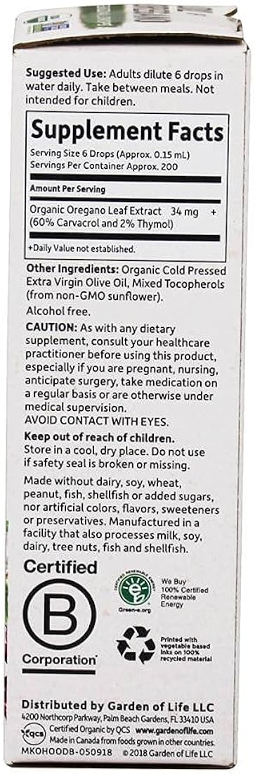 Suplemento Garden of Life Aceite de orégano gotas 1 onza