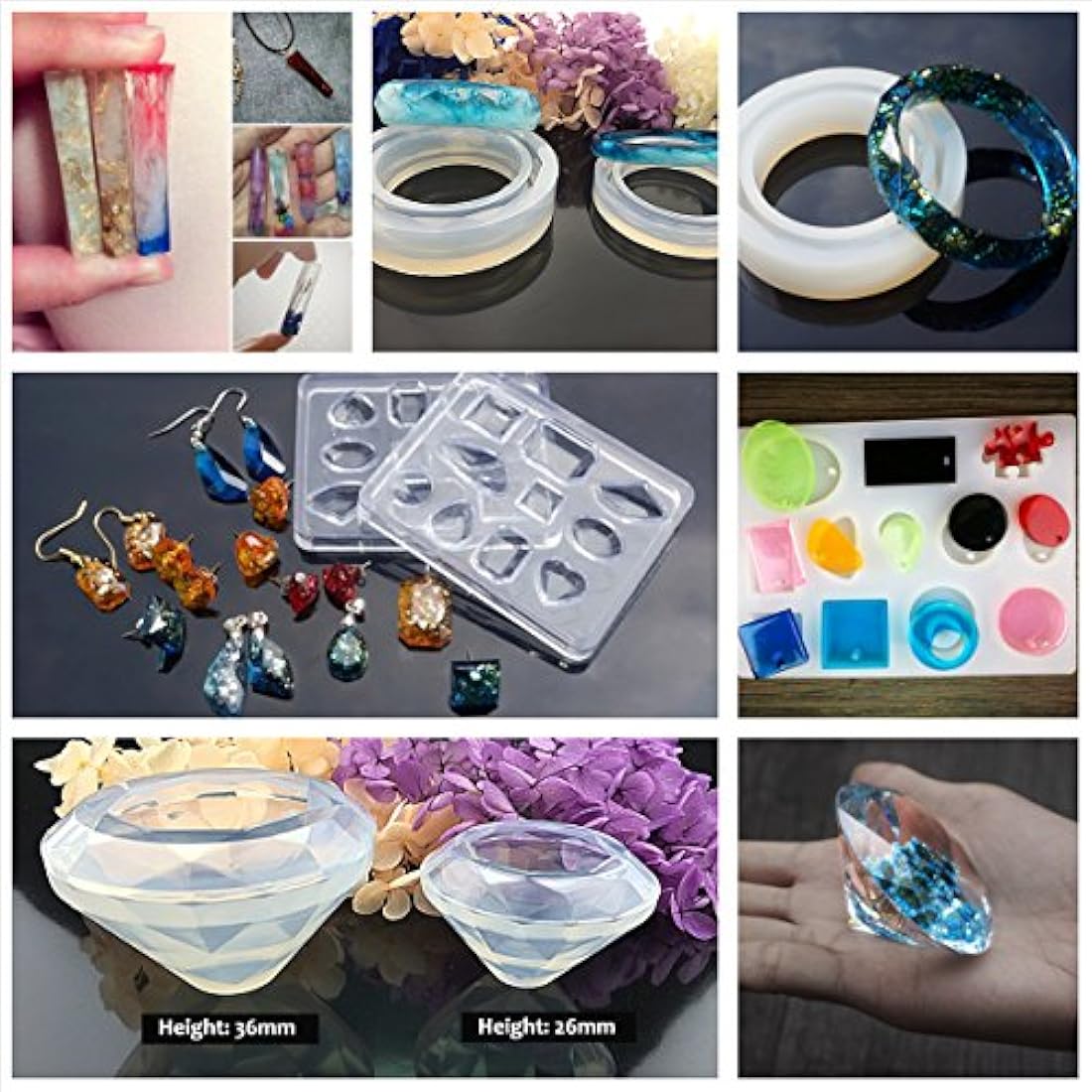 Kit de resina transparente con pigmentos y moldes y luz UV, 5 resinas epoxi 15 pigmentos de color nacarado 24 purpurinas y flores 31 moldes y biseles, pendientes, pulseras, anillos, colgantes, joyería, con pinzas