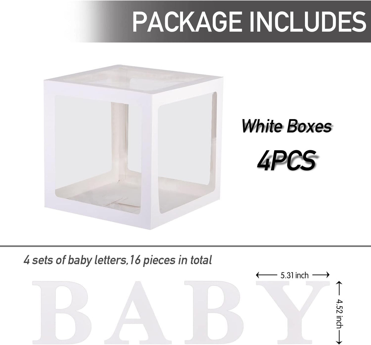 USCNC Baby Boxes With 4 pcs Letters White Clear Balloon Box Blocks for Baby Shower and Birthday Party
