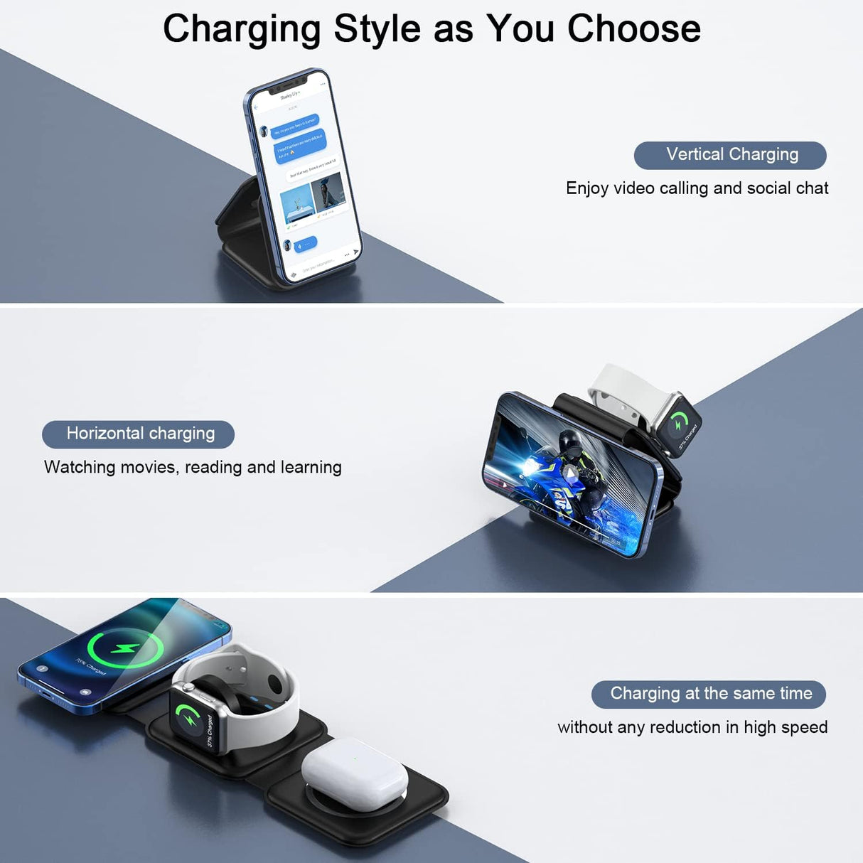 Cargador inalámbrico 3 en 1 de viaje para dispositivos