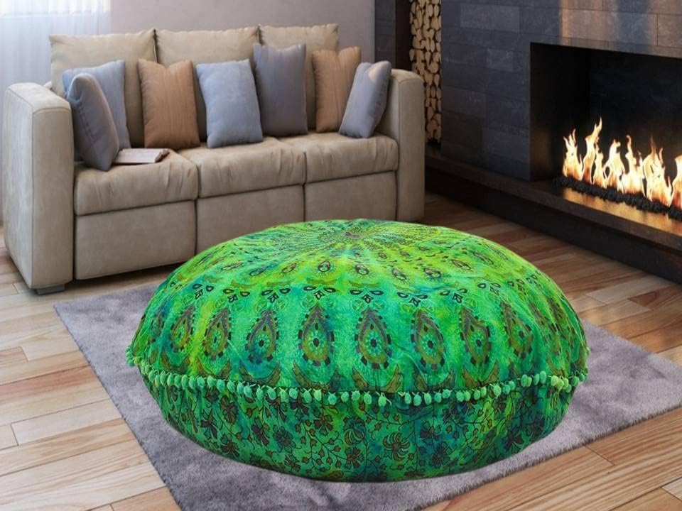 Funda bohemia para cojín, de 32 pulgadas, con diseño de mandala, para meditación, decorativa, otomana, grande, para exteriores, decoración del hogar, decoración de arte en el hogar, redonda, con pompones de algodón, cómoda