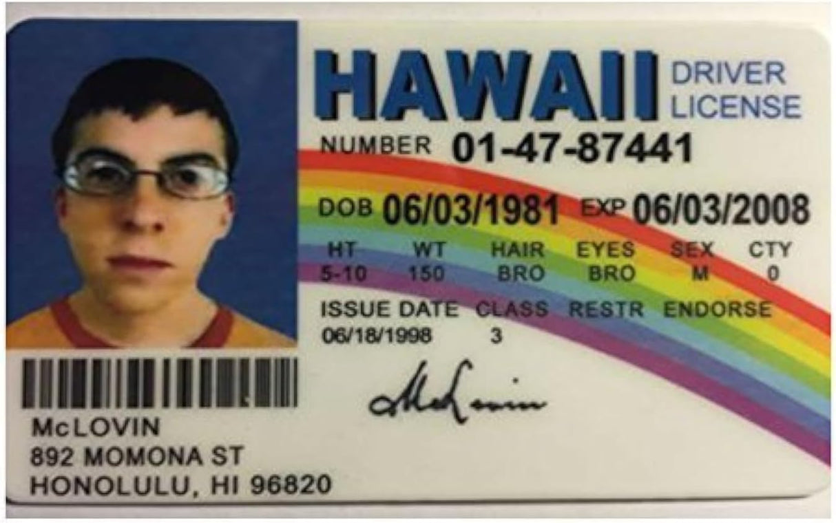 Licencia de Conducir Hawaii McLovin - Superbad - Réplica Prop