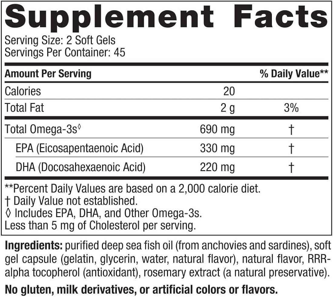 Suplemento Omega-3, sabor a limón, 90 geles suaves 690 mg