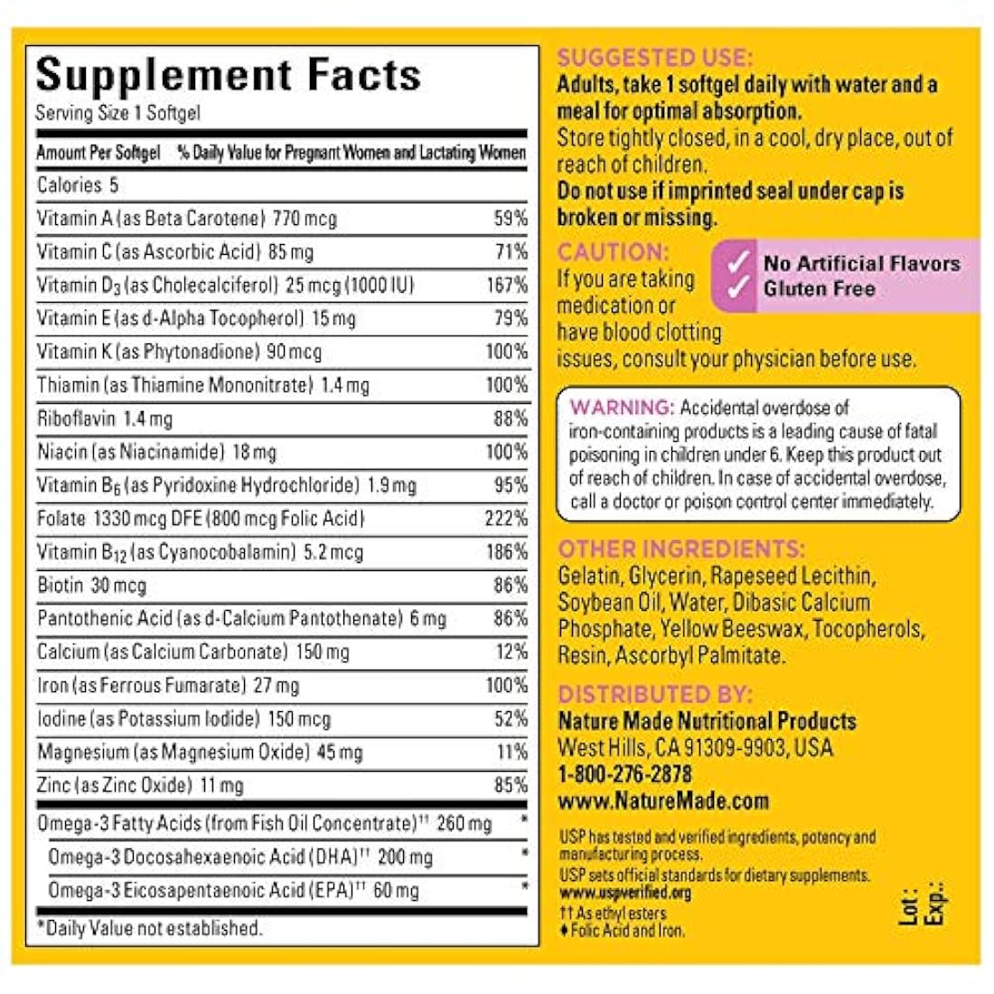 Nature Made Suplemento alimenticio Prenatal 200 mg, 60 cáp