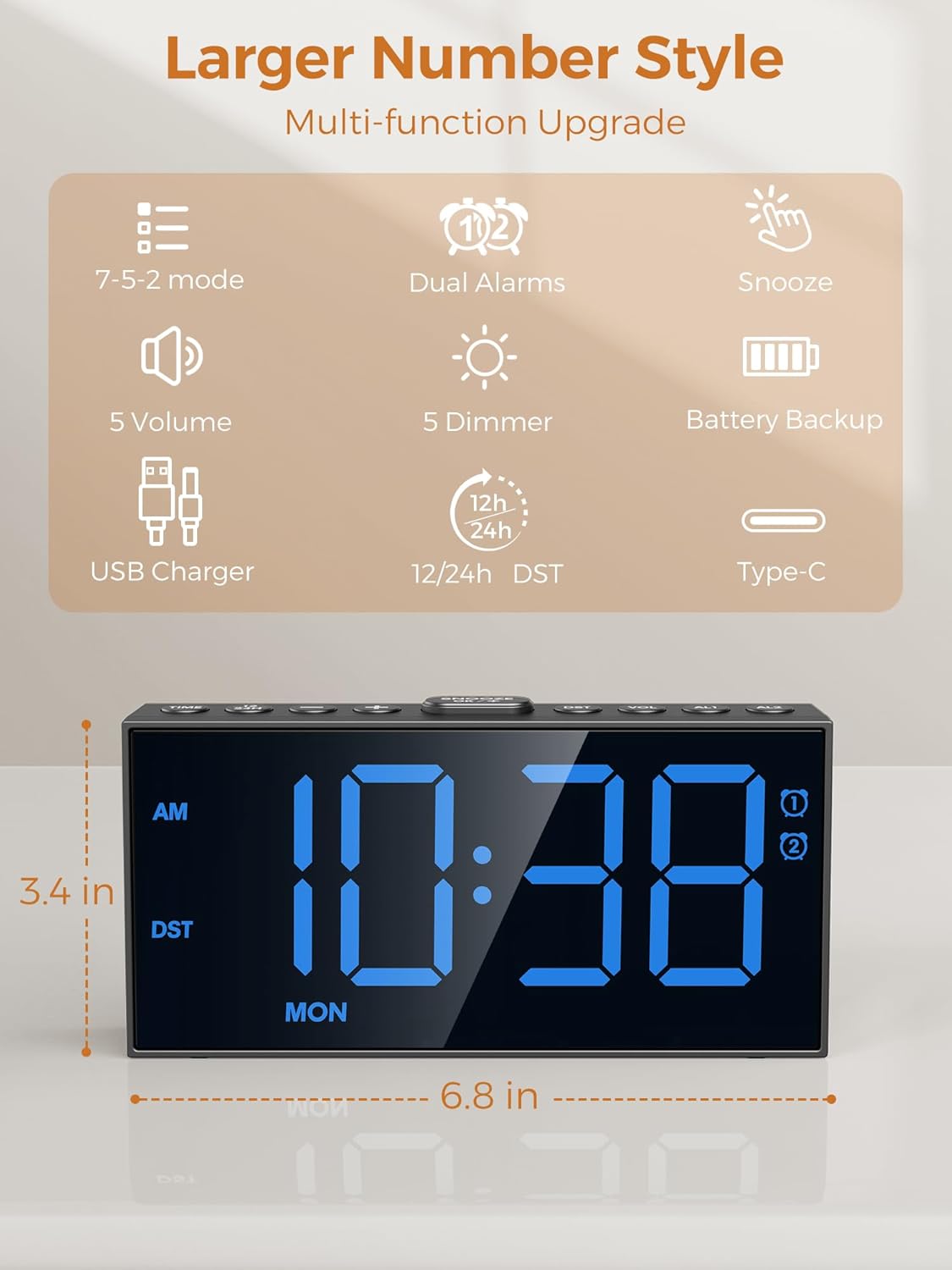 Reloj Despertador Digital para Dormir Profundo, 2 Alarmas, USB
