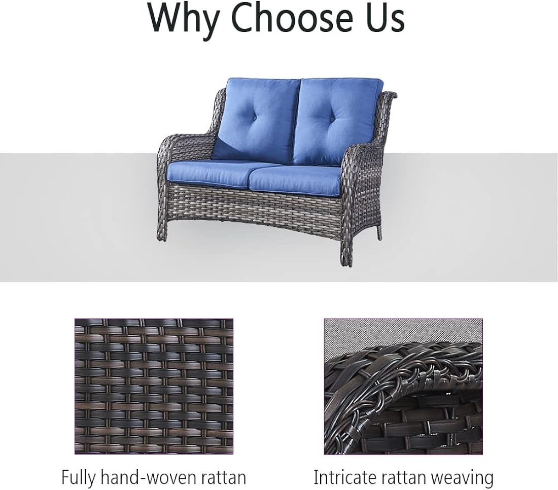 Belord Juego de muebles de patio al aire libre de 5 piezas, muebles de mimbre para conversación, sillas mecedoras giratorias para exteriores con sofá biplaza y 2 otomanas para espacios pequeños, cojín azul