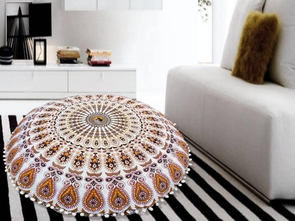 Funda bohemia para cojín, de 32 pulgadas, con diseño de mandala, para meditación, decorativa, otomana, grande, para exteriores, decoración del hogar, decoración de arte en el hogar, redonda, con pompones de algodón, cómoda