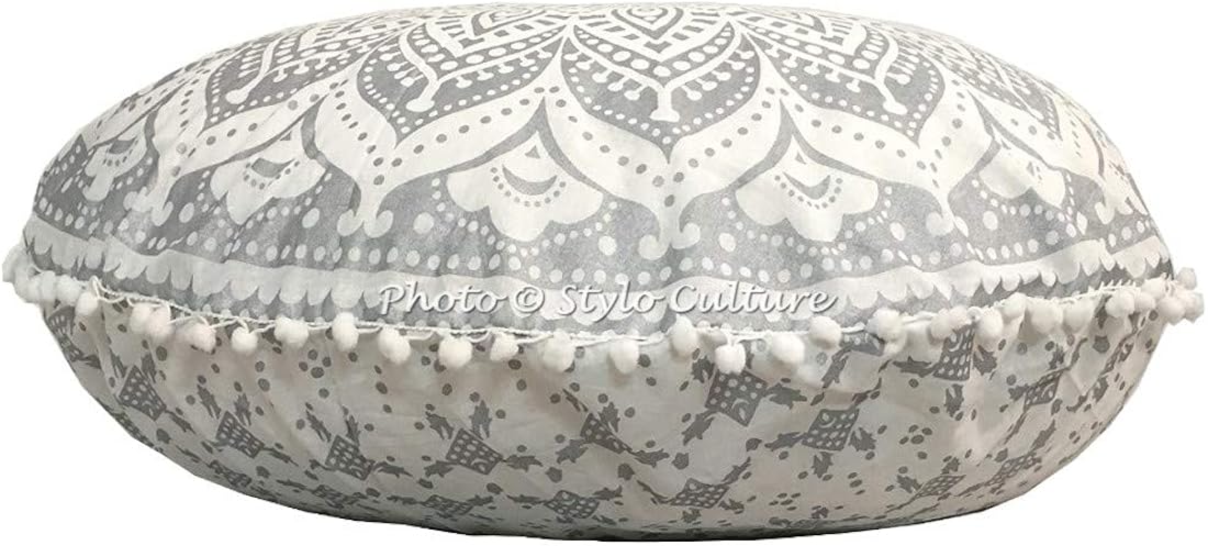 Stylo Culture Cojín de meditación indio para piso, diseño de mandala, funda de cojín impresa plateada, 32 x 32 pulgadas, decoración redonda decorativa grande, para asiento, asiento de tuffet, funda de