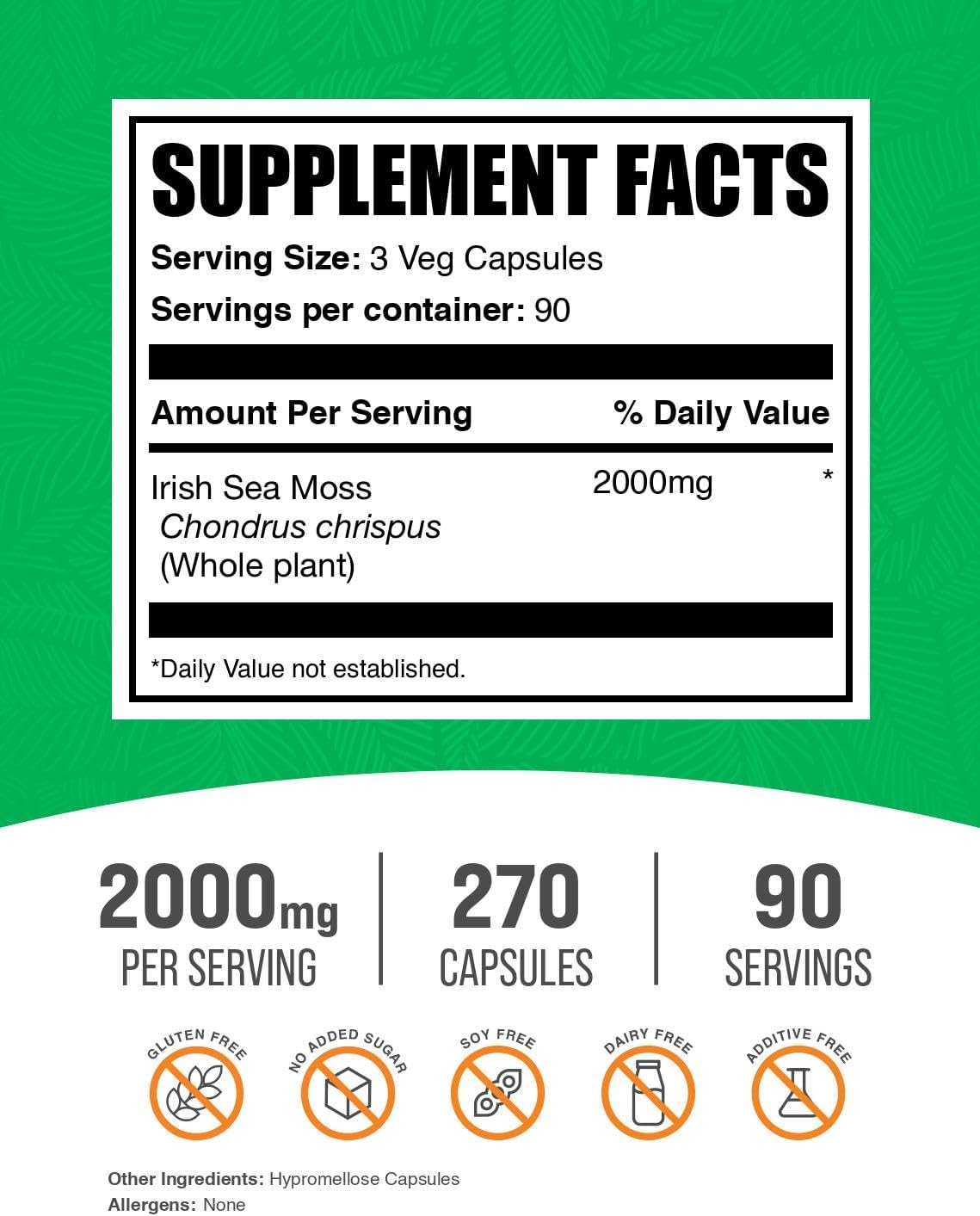 Suplemento de alga irlandesa en cápsulas BulkSupplements, 2000mg, 240 pzas