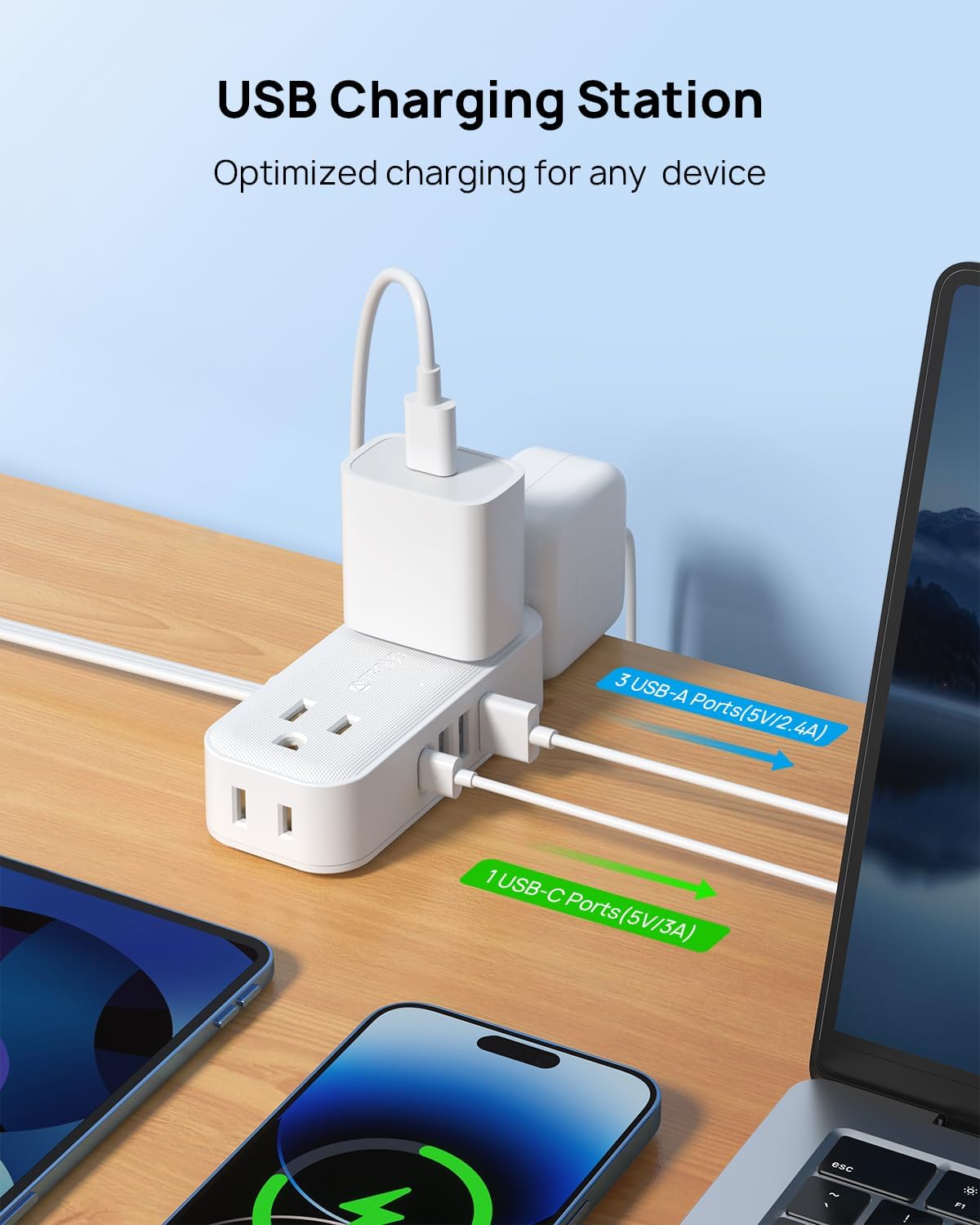 Regleta de alimentación de enchufe plano, cable ultrafino